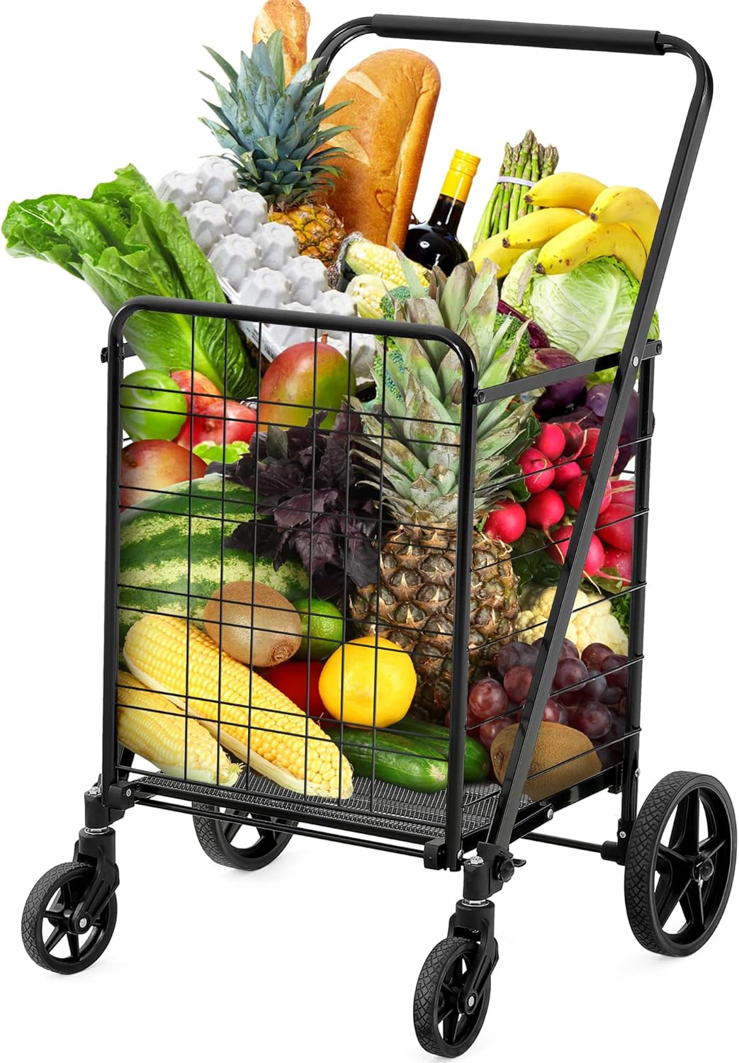 YITAHOME Utility Foldable Shopping Cart with Wheels, Large Reinforced Mesh Bottom, Portable Collapsible Rolling Cart for Laundry, Grocery, Luggage, Storage and Seniors, 220 lbs Capacity, Black