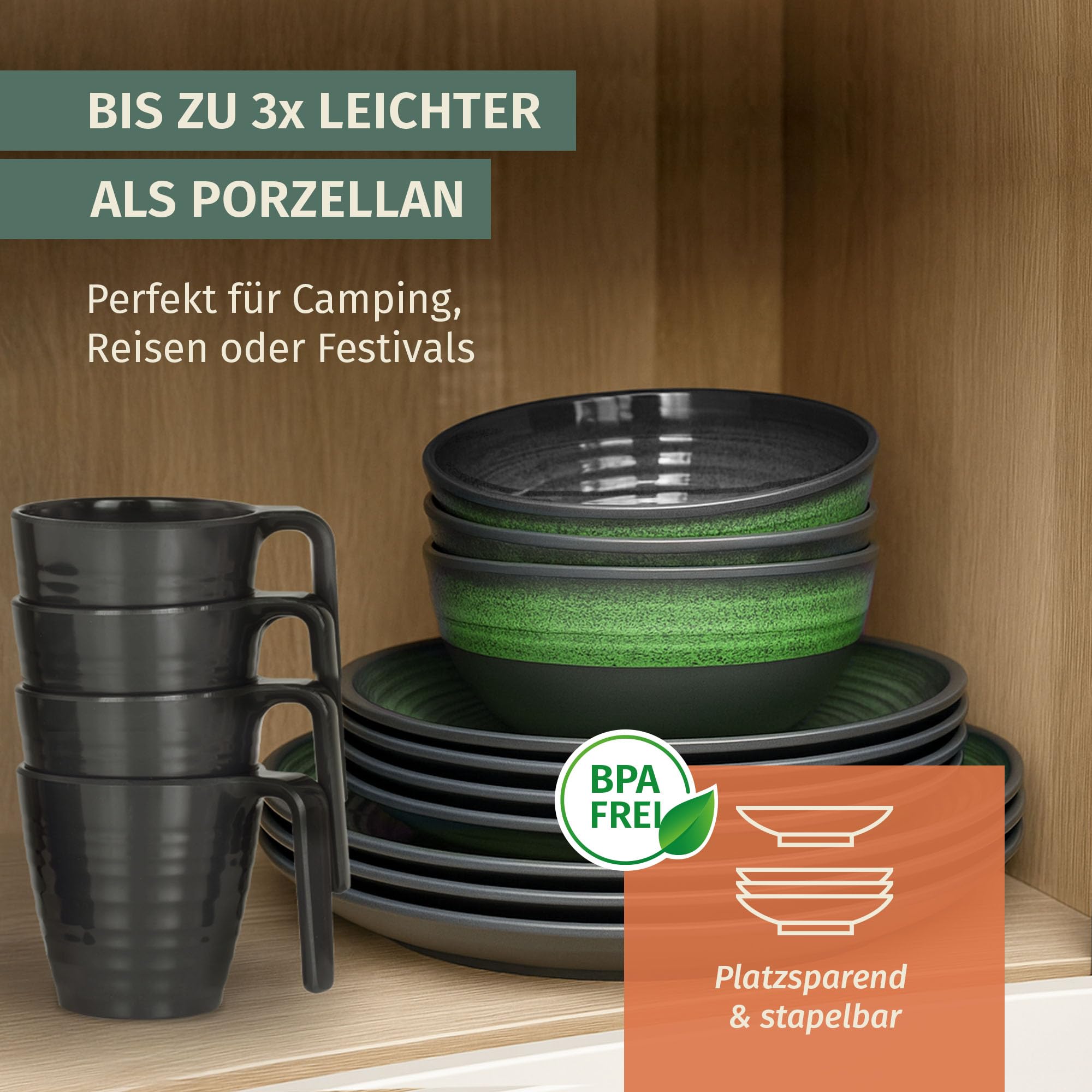 Set di stoviglie da campeggio in melamina, per 4 persone, colore: verde pietra + 4 tazze, stoviglie da picnic, barbecue