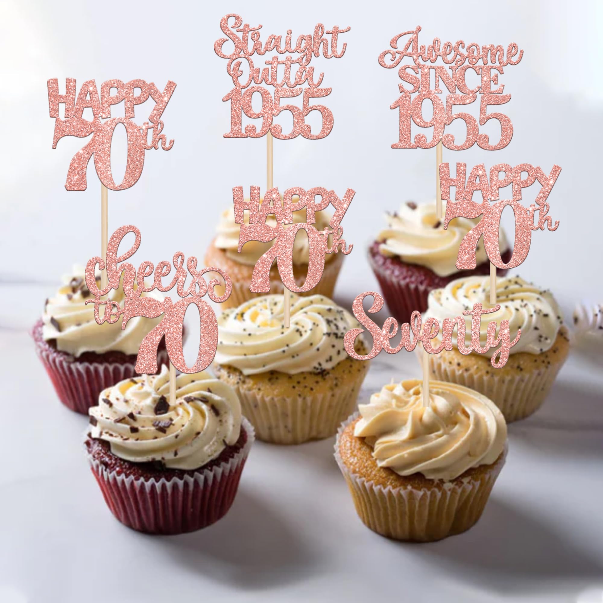 30-Pack 70th Birthday Cupcake Toppers - Glitter 'Straight Outta 1955' Decorations For Cakes & Desserts (Rose Gold Theme)