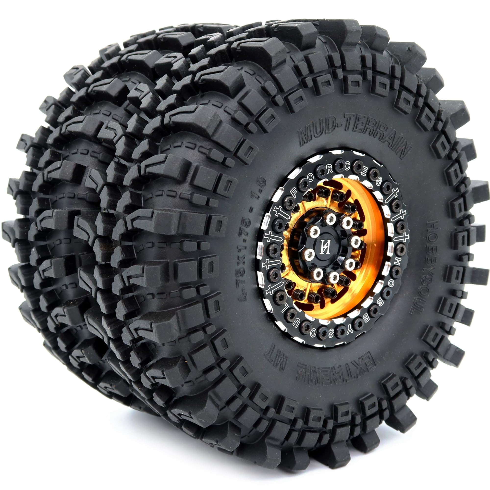 HOBBYSOUL Pneus RC 1.9 de 121 mm de haut et jantes Beadlock 1,9 dorées et noires, décalage négatif 5 mm, roues et pneus Beadlock 1/10 pour Mud Crawler SCX10 TRX4 Gen8, (lot de 4, assemblé)