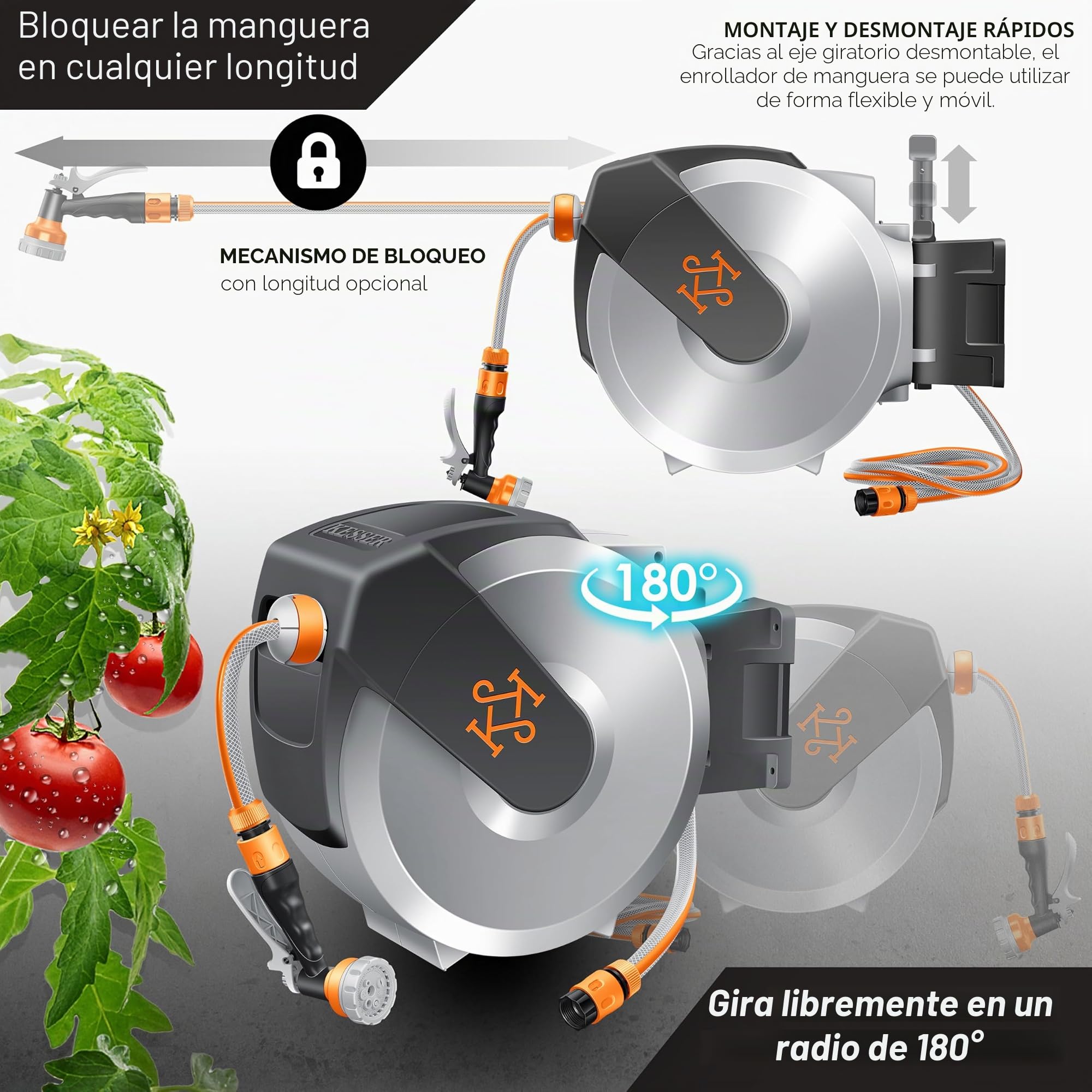 KESSER® Enrollador de Mangueras, Manguera de Jardín, Montaje en Pared, Giro de 180° y Retracción Automática, incl. Teleducha de 7 funciones, 20m - Gris Claro/Gris