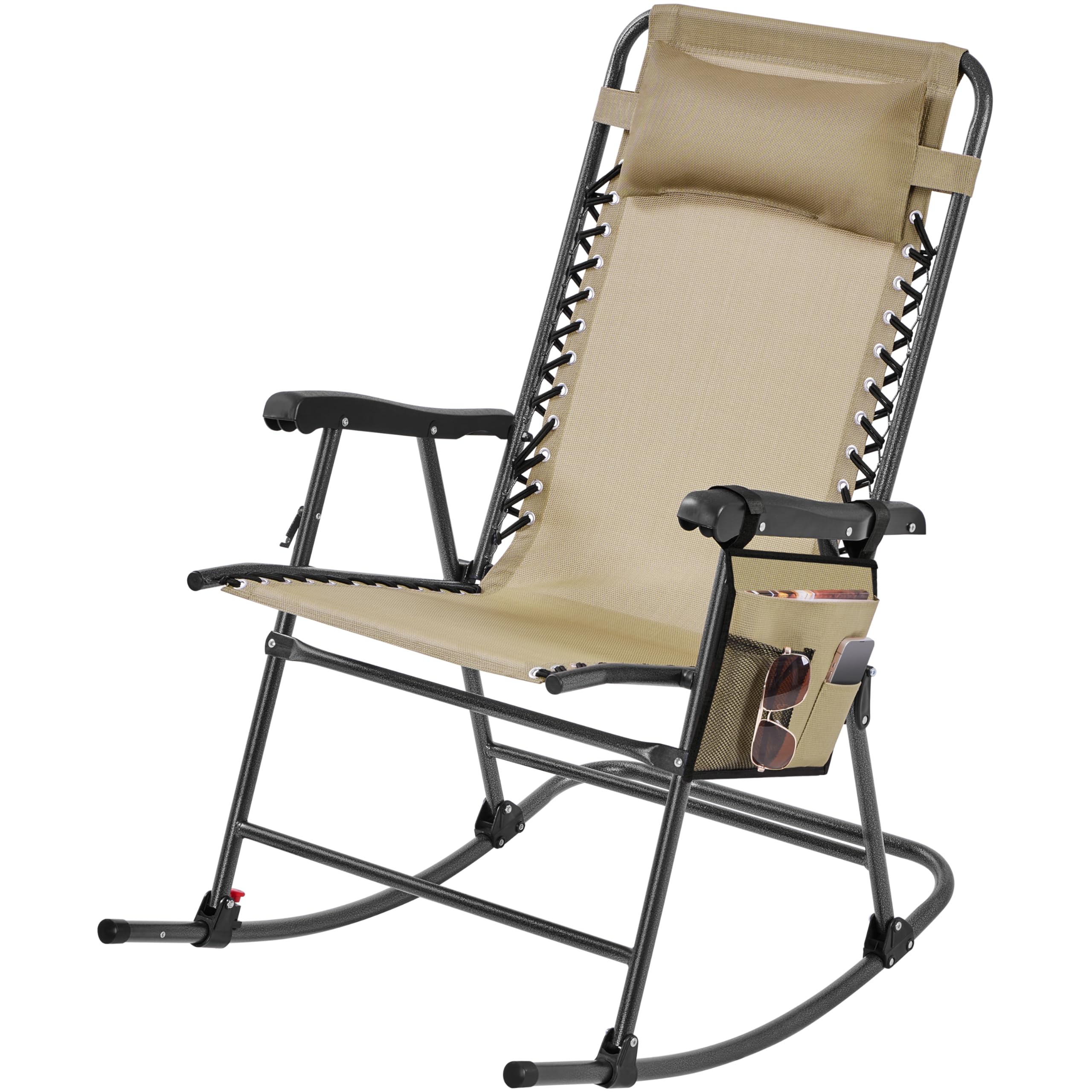 Yaheetech Beige Garden Lounge Foldable Rocking Chair with Pillow, Outdoor Patio Lounger with Arc-Shaped Support and Texteline Surface