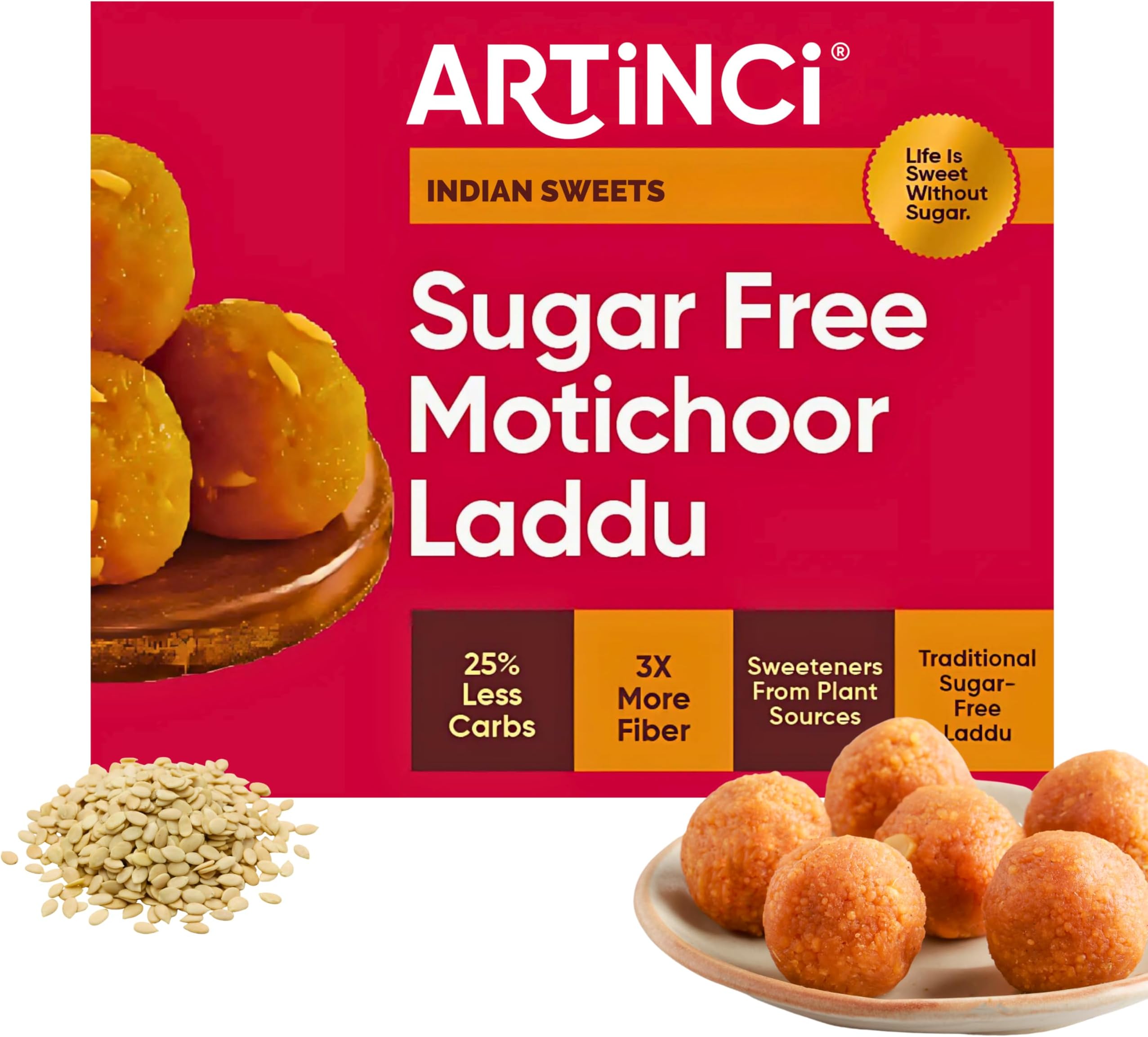 Artinci Sugar Free Motichoor Laddu, Low Carb Diabetic-Friendly Sweets, Desi Ghee Indian Mithai with No Added Sugar, Healthy Low GI Laddoo, High Fiber & Protein Rich Keto Dessert, 190g