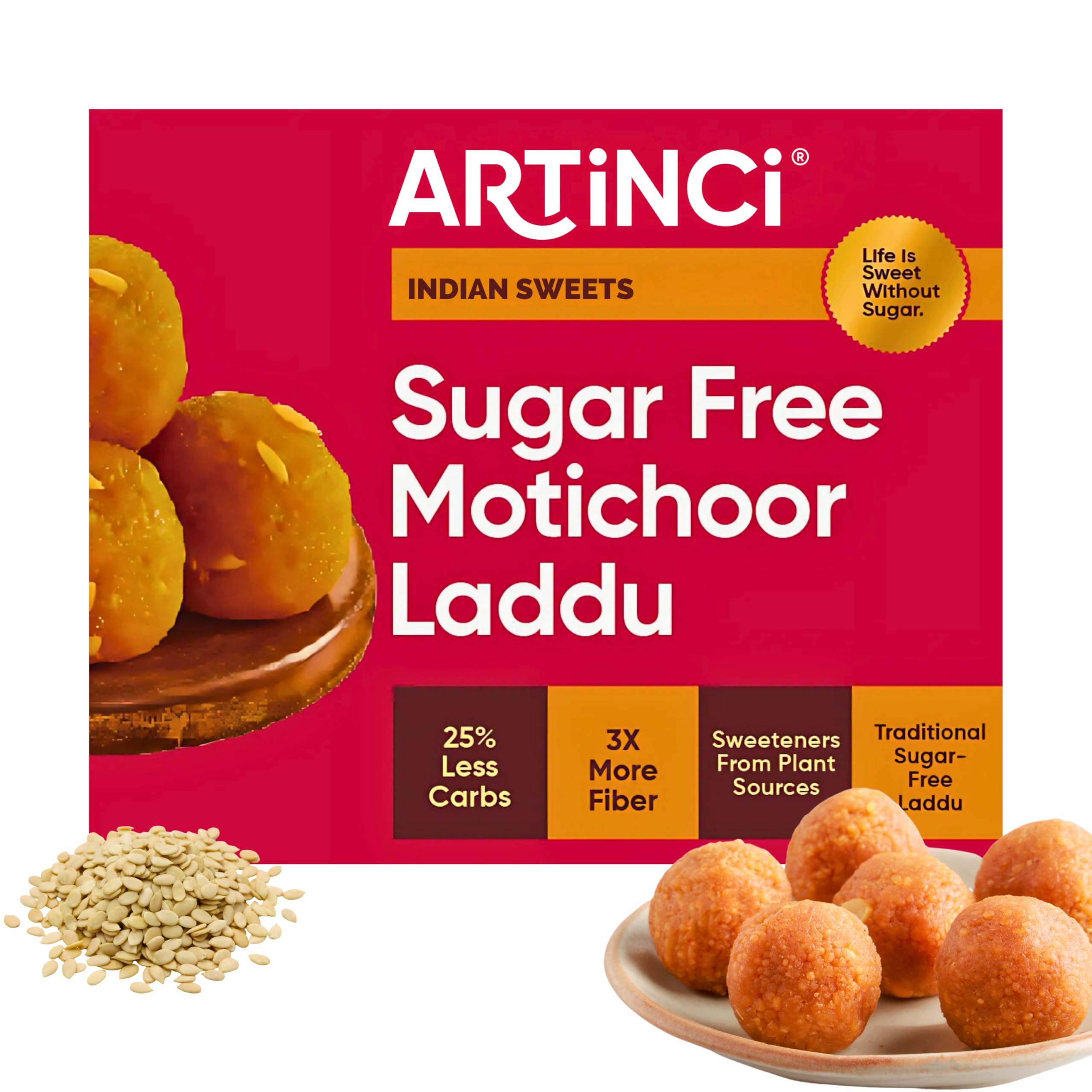 Artinci Sugar-Free Motichoor Laddu - Traditional Indian Sweet, Gluten-Free, High-Protein, Daibetic-Friendly, Healthy Dessert, Vegan-Friendly, Low-Glycemic, Nutritious
