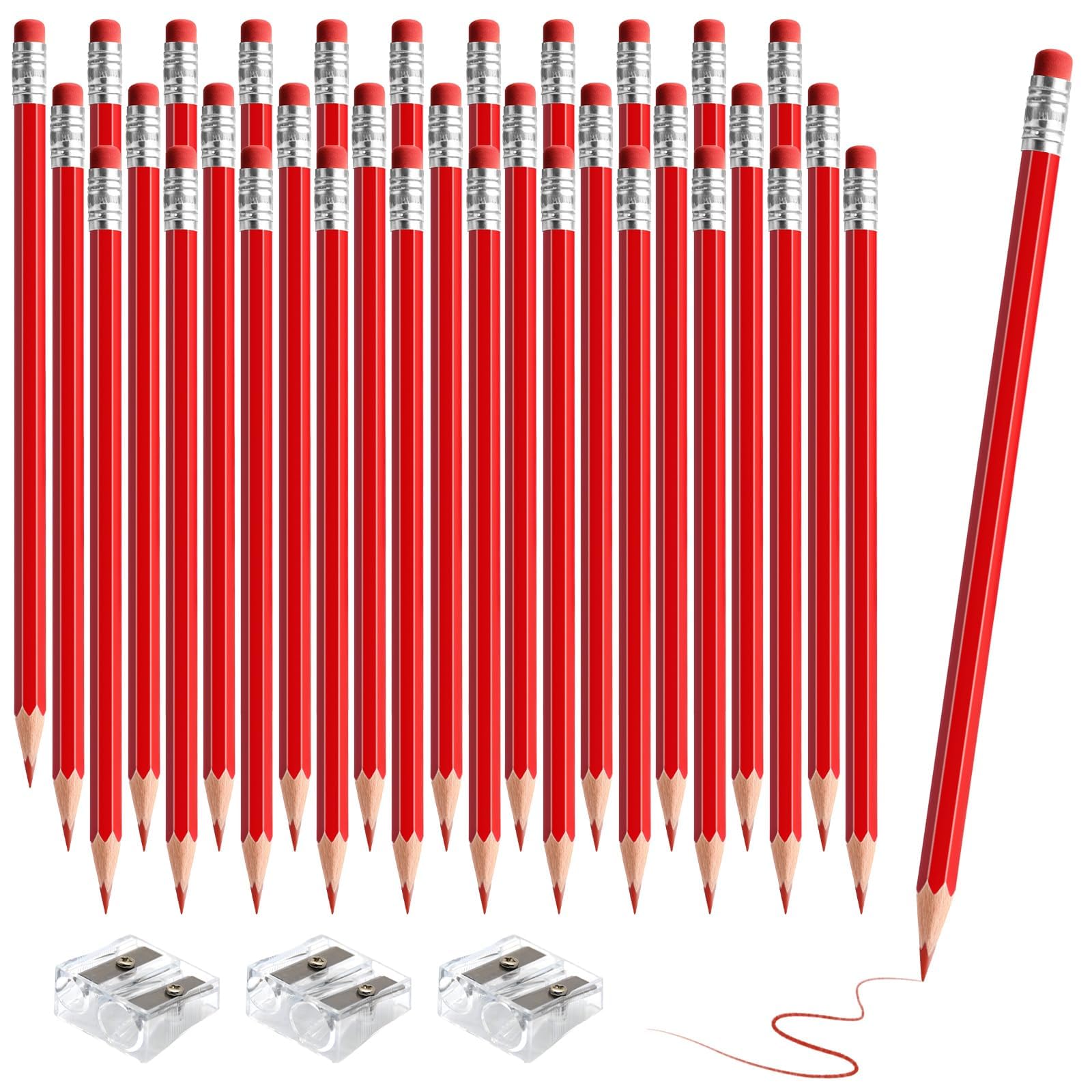 Lot de 36 crayons de couleur effaçables avec gomme pré-taillée 2 HB pour vérification, évaluation, tests et fournitures de bureau/scolaire (rouge)