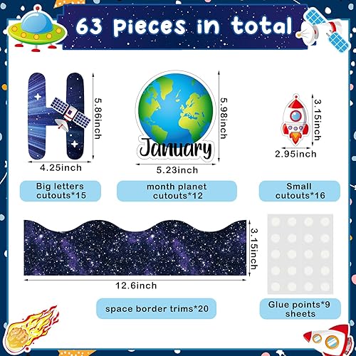 Miniatura 2 de Kosiz Juego de 63 tablones de anuncios de cumpleaños del sistema solar, recortes de papel con punto de pegamento, espacio de cumpleaños, aula,