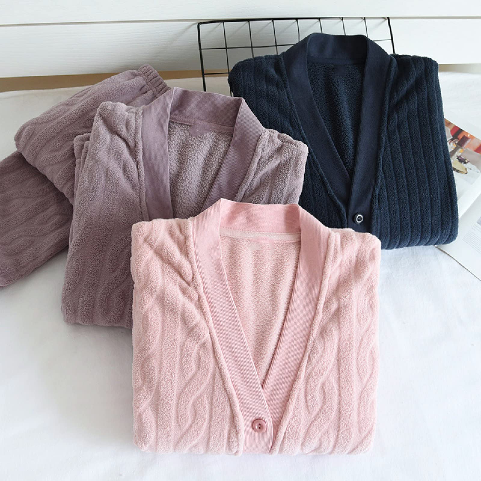 Set Pigiama in Pile Donna -Winter Thicken Coppia Flanella Pigiama Set V-Scollo Cardigan Home Abbigliamento Manica Lunga Pigiama con Tasca Moda Loungewear
