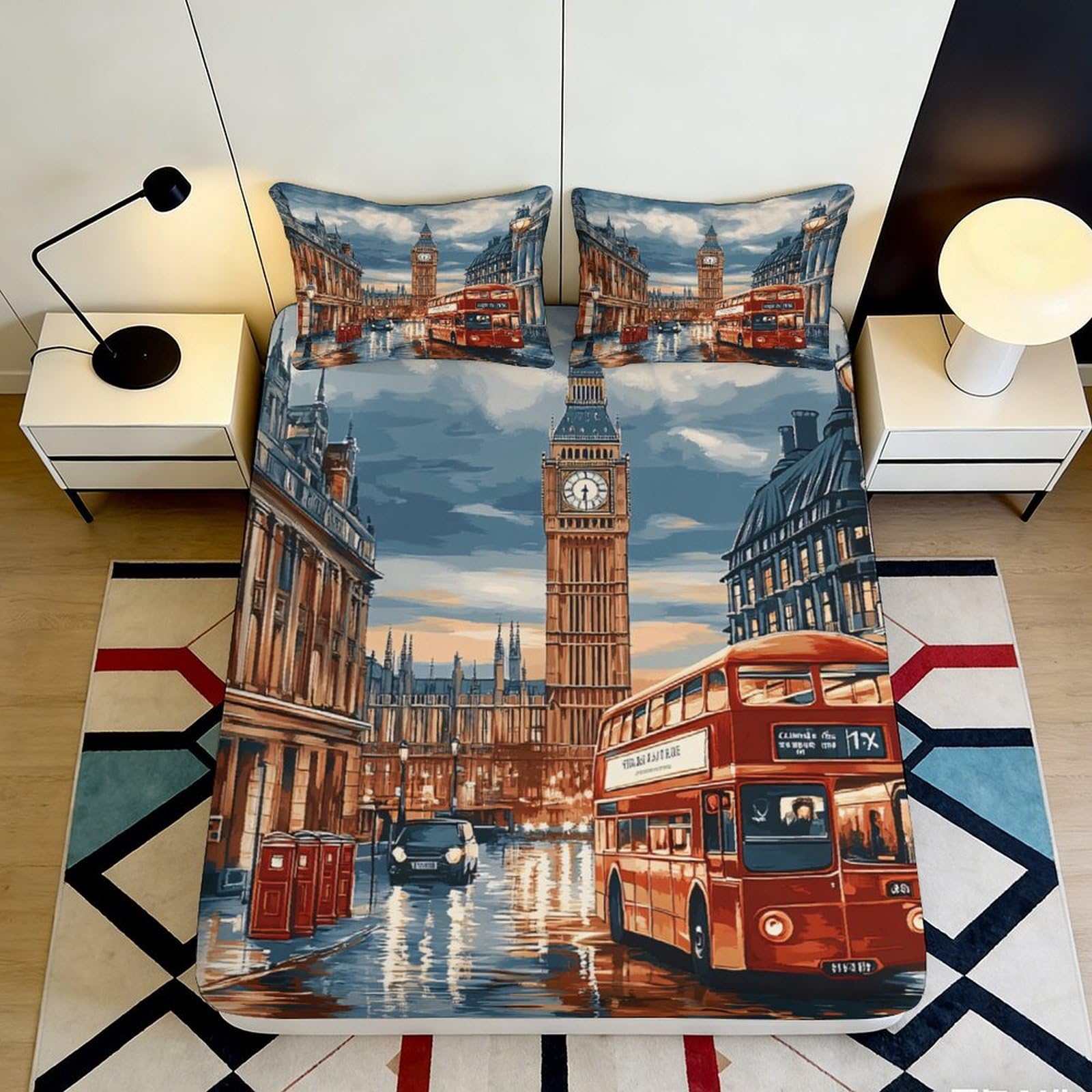 3D Printed London Cityscape Fitted Sheet Microfiber Soft Breathable Double-Decker Bus Bed Cover for Bedroom Dormitory Guest Room Mattress Protection Decor 180x200x25cm