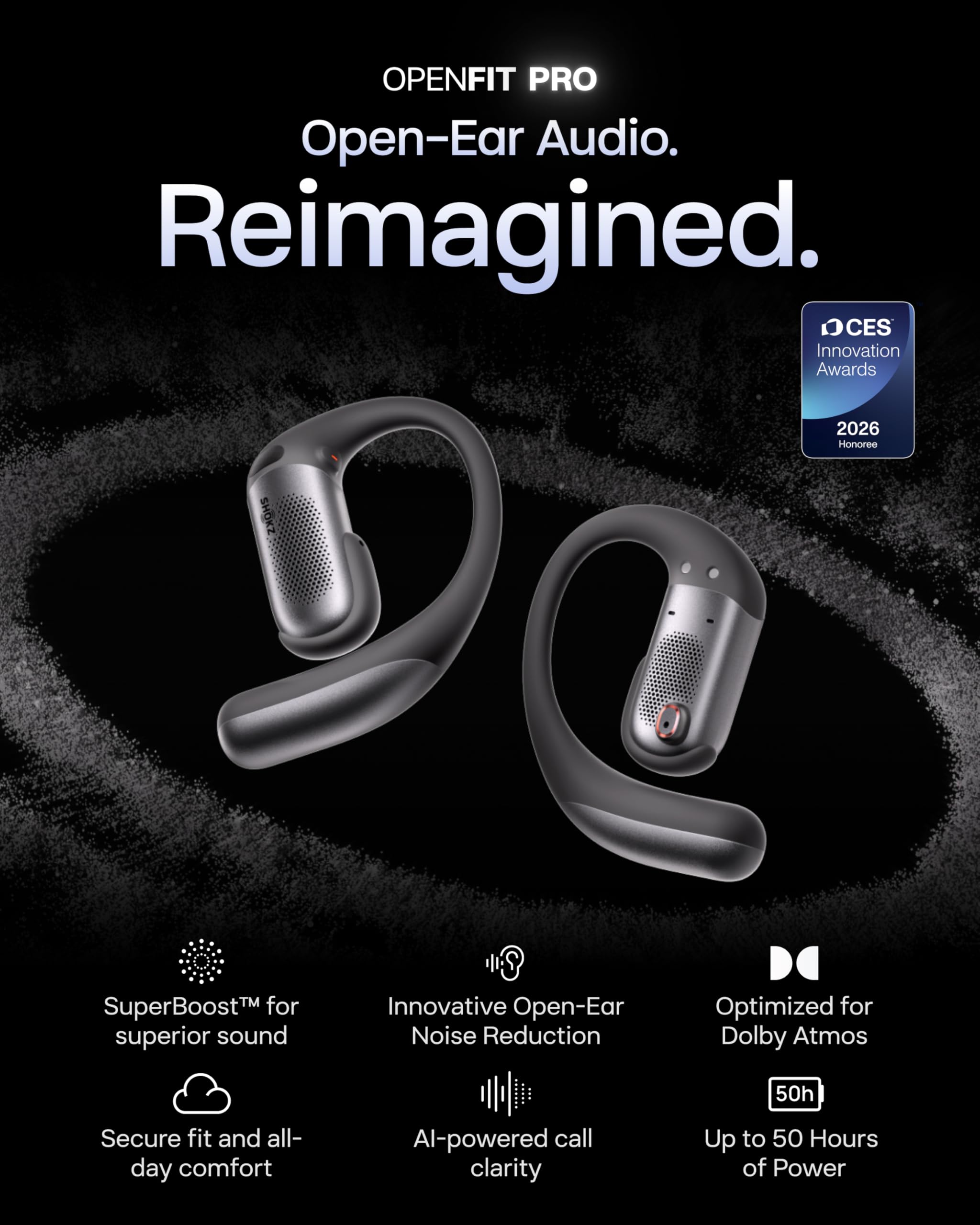 SHOKZ OpenFit Pro Open-Ear True Wireless Earbuds with Open-Ear Noise Reduction, Optimised for Dolby Atmos, Deep Bass, 50H Playtime, AI-Powered Clear Calls for Work, Sport, Bluetooth 6.1, IP55, Black - 3