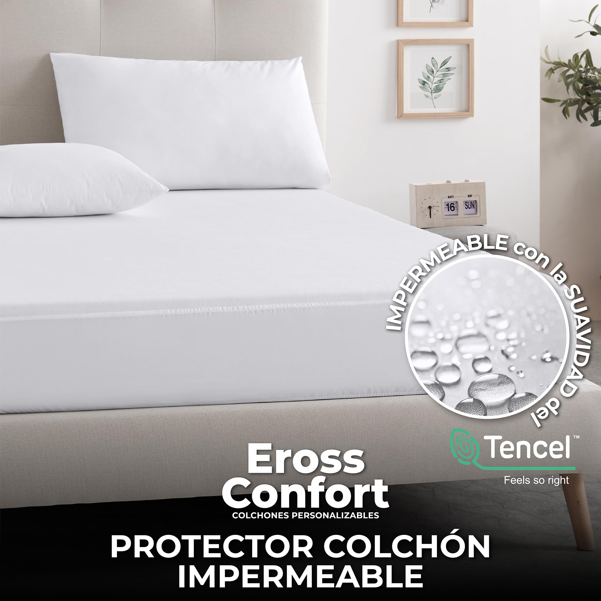 Protector de Colchón Impermeable Tencel para Cama de 150x190/200 cm. Cubre Colchón Transpirable. Absorbe la Humedad. Protector Blanco