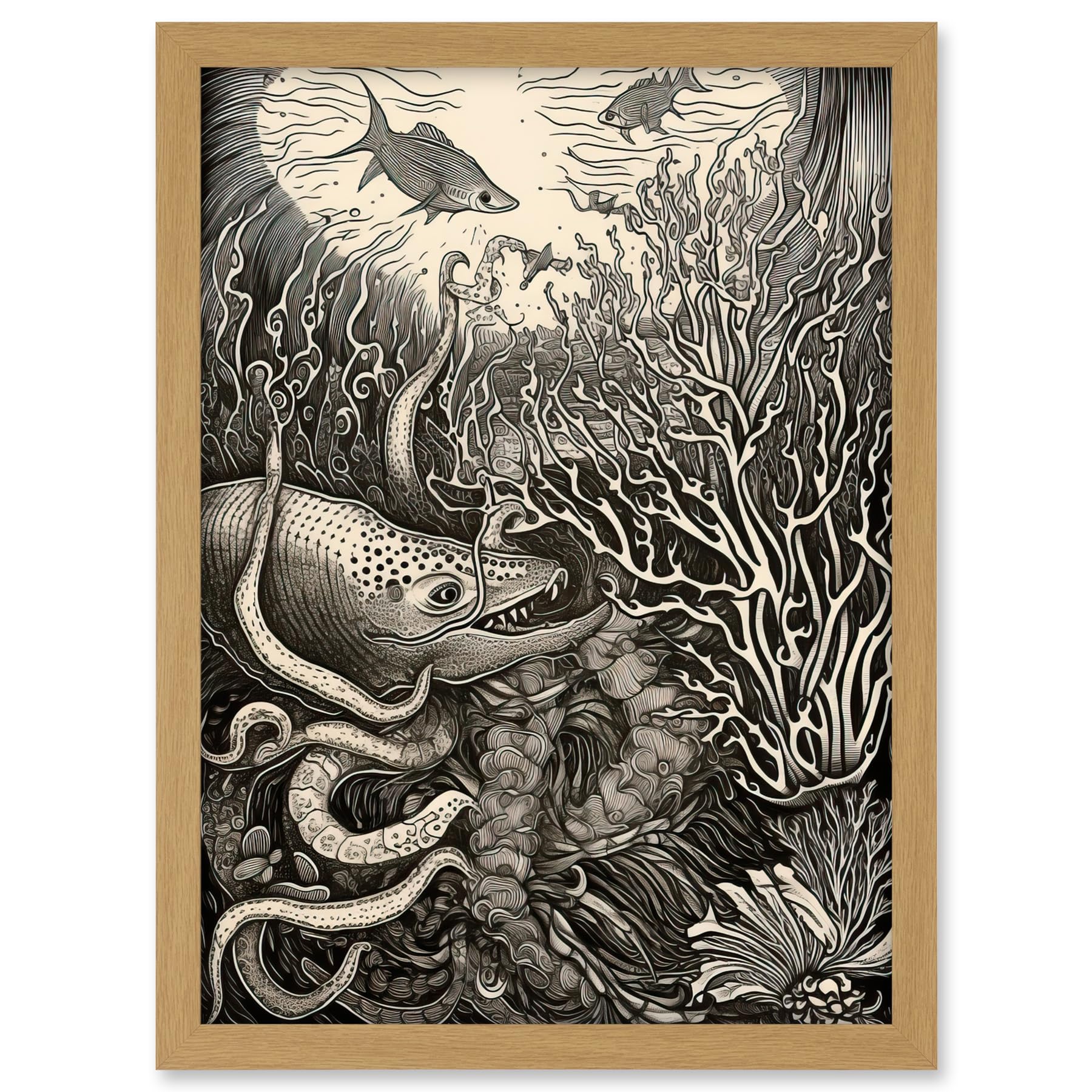 Artery8 Aquatic Animals and Plants Linocut Illustration Artwork Framed A3 Wall Art Print