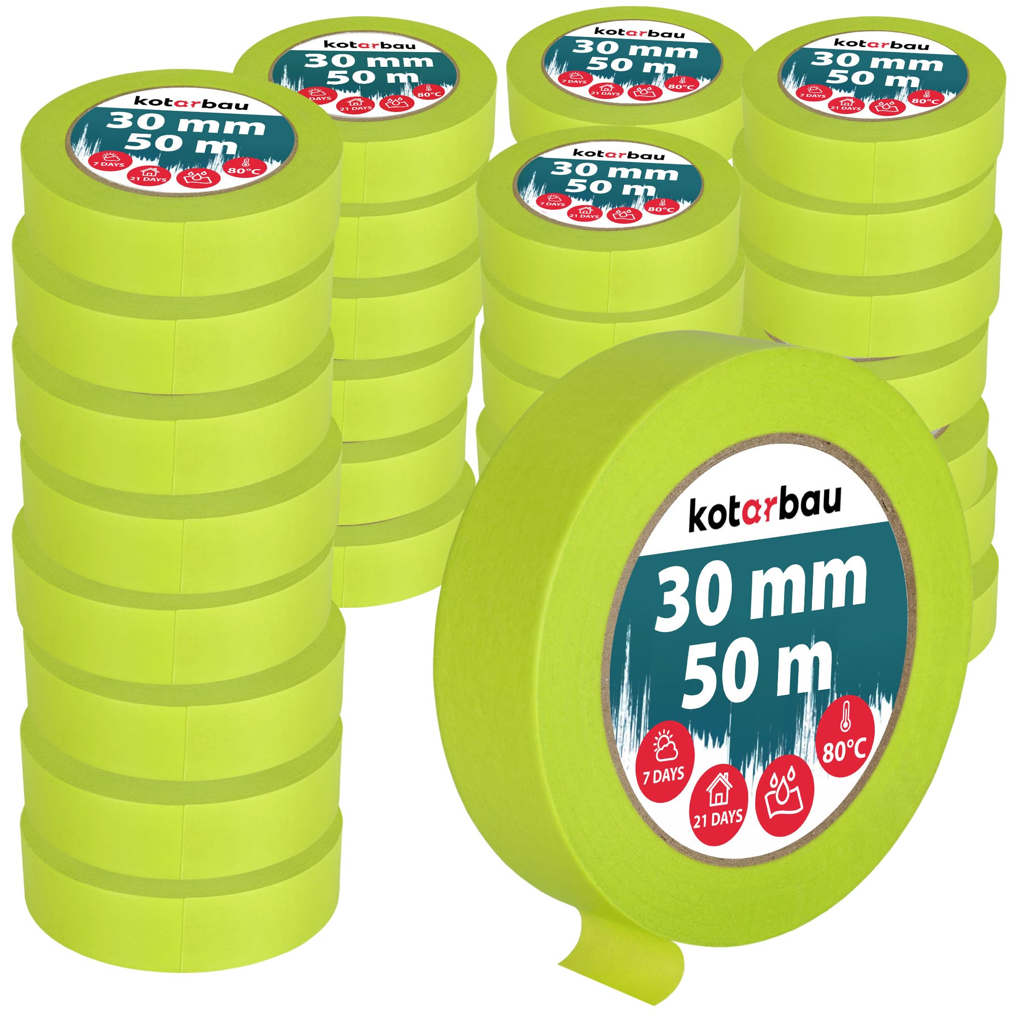 KOTARBAU® Juego de 48 cintas adhesivas para pintor de neón, 50 m, 30 mm, cinta adhesiva de pintor, accesorios de pintor, color verde fluorescente, papel crepé, suministros de pintura