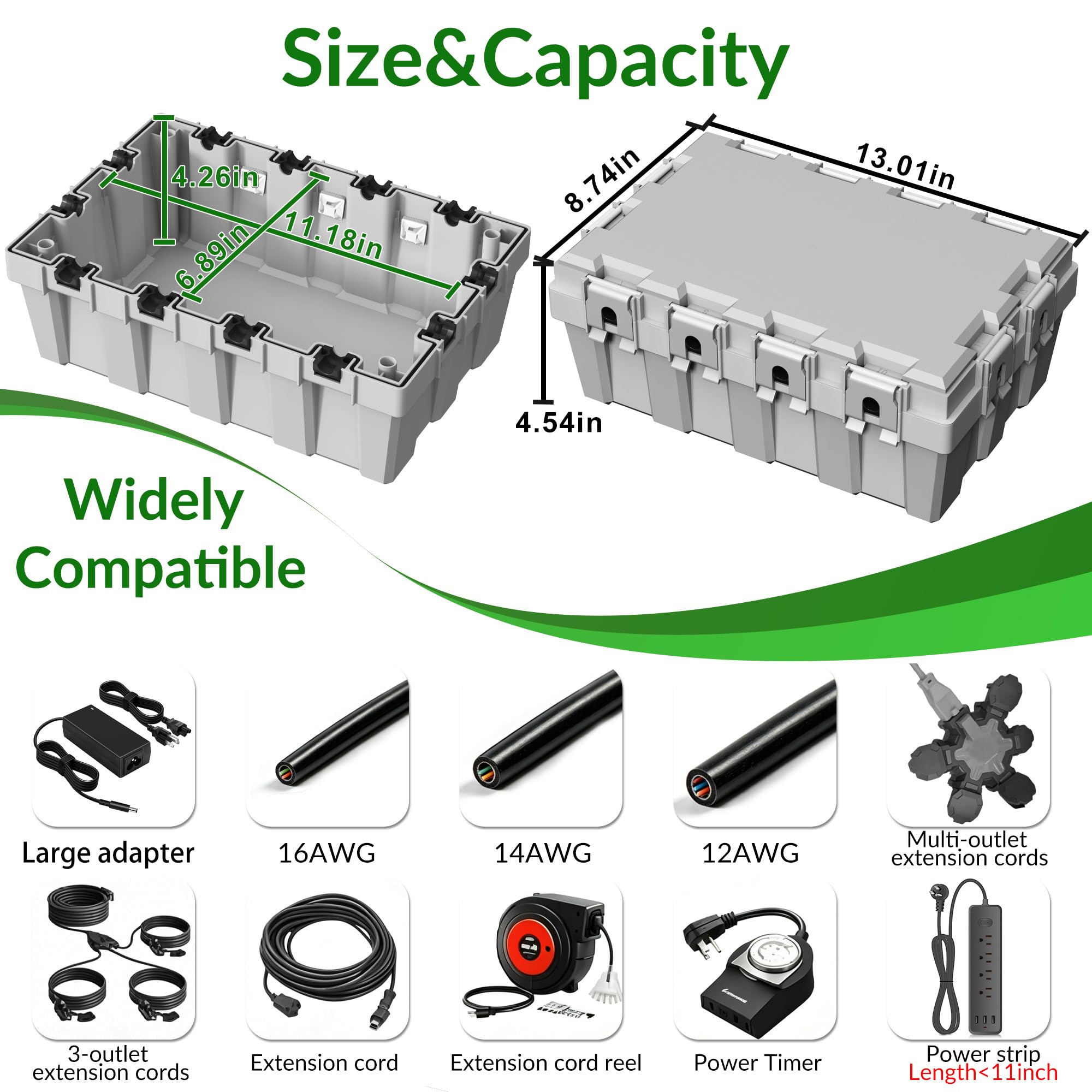 Elektrische Box für den Außenbereich, IP54, wasserdicht, große Verlängerungskabelabdeckung, 12 Eingänge (33 x 22,20 x 11,53 cm), Kabelstecker-Schutz, Sicherheitsbox für Steckdosenleiste