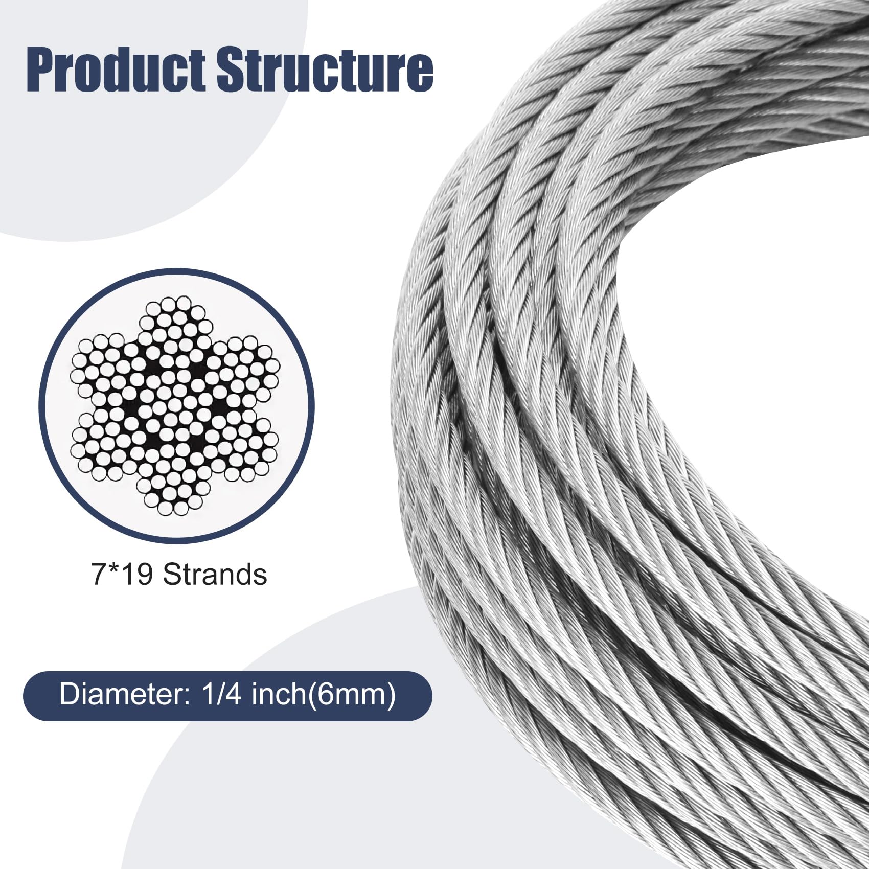 Cavo in acciaio inossidabile spesso 1/4, cavo metallico da 22,9 m, cavo aereo 7x19 fili, resistenza alla rottura 2.903 kg, linea zip con morsetto a clip per fune metallica M8 e ditali per cavi