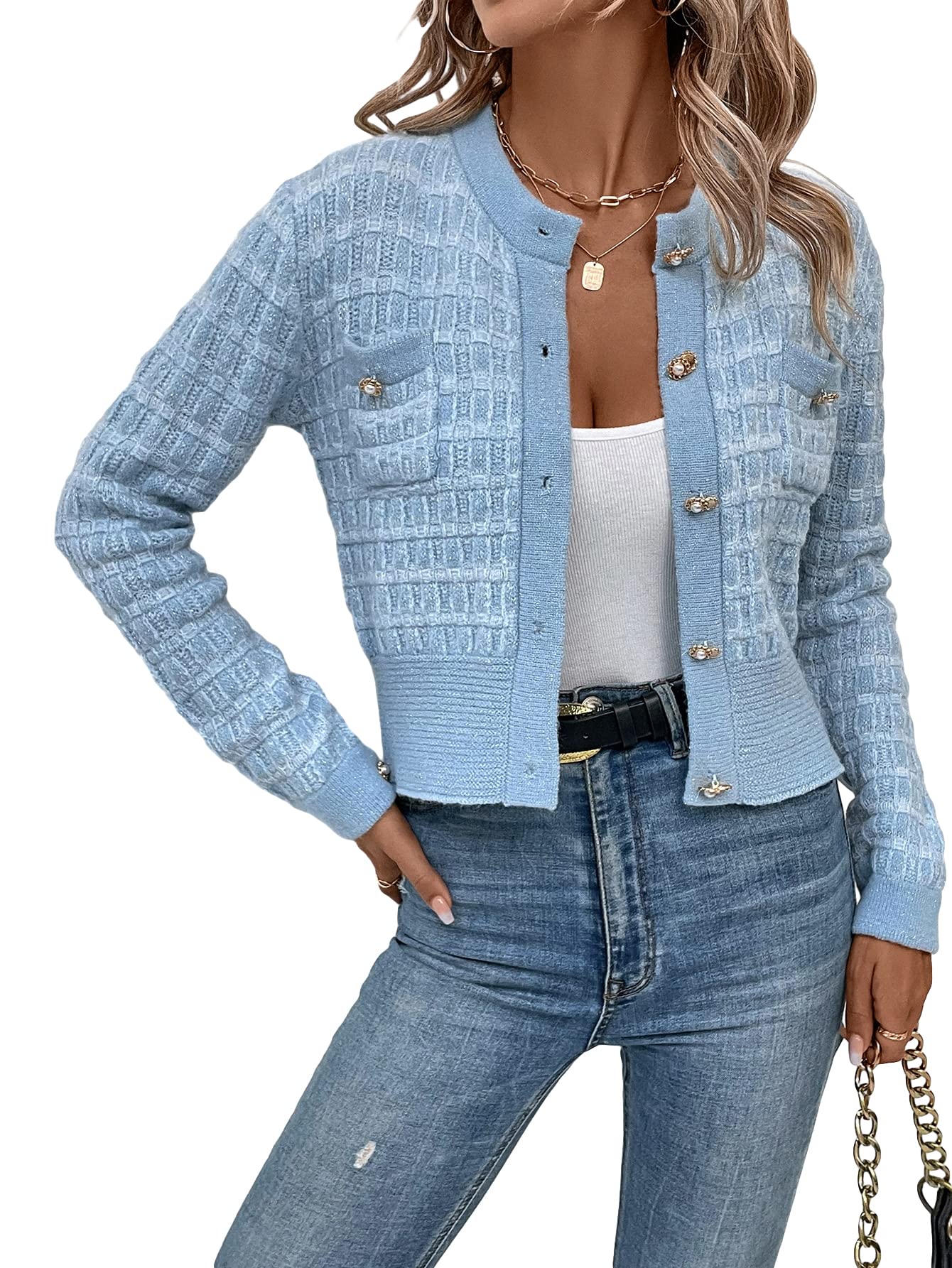 MakeMeChic Womens Cropped Cardigan Sweaters with Pearl Button Lightweight Open Front Knit Cardigan Sweater Jacket
