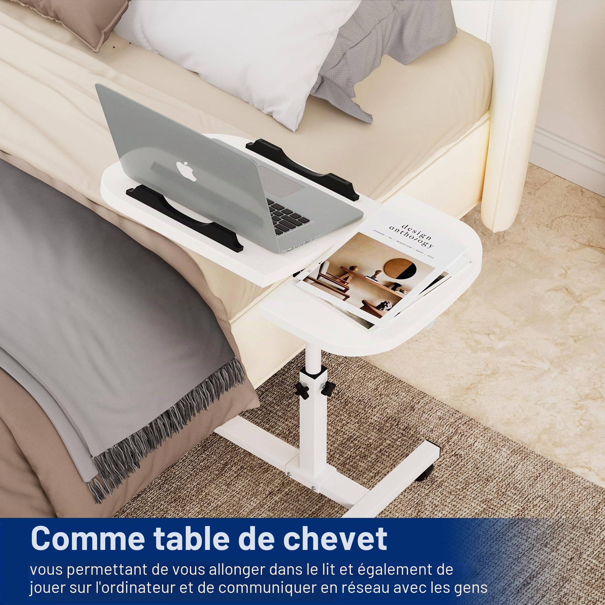 Table d'appoint mobile réglable en hauteur pour lit avec 4 roulettes, 60 x 40 cm, table pour ordinateur portable, table de dessus pivotante pour salon, chambre à coucher, bureau, lit, canapé