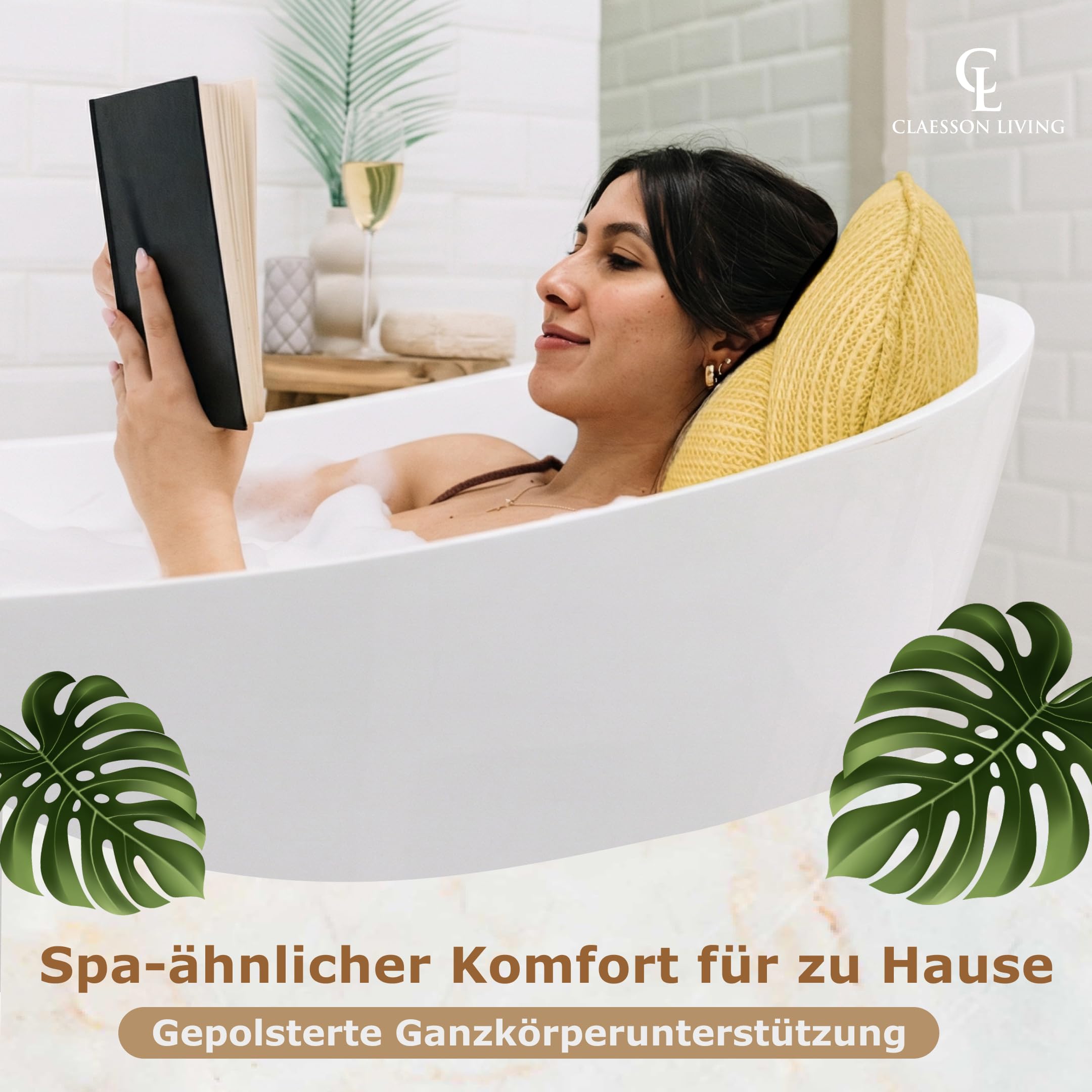 Badewannenkissen Ganzkörper Badekissen (152x56cm) - Badewannenmatte mit Kopfstütze (11cm) unterstützt Nacken, Rücken und Beine - Mit Wasch- und Reisebeutel und einem Hängehaken für Trocknen - Sand