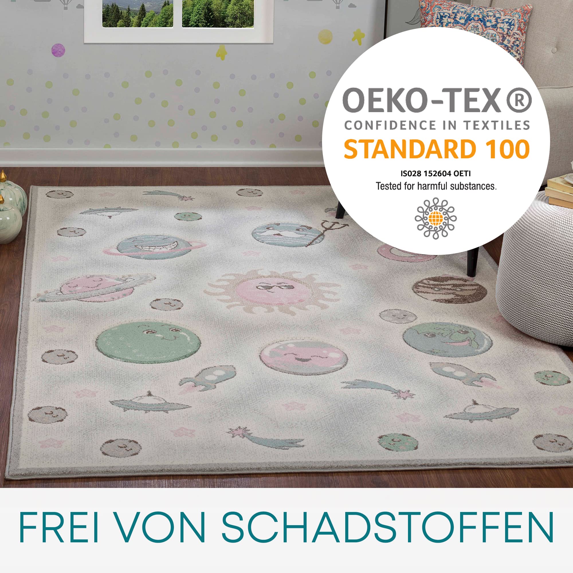Livabliss Galassia Tappeto Bambini Tappeto Bambino Cameretta, Asilo o Sala Giochi, Tappeti per l'area della stanza dei Bambini, Accessori per Camera da Letto dei Bebè, Grigio, Rosa e Blu 160x213 cm