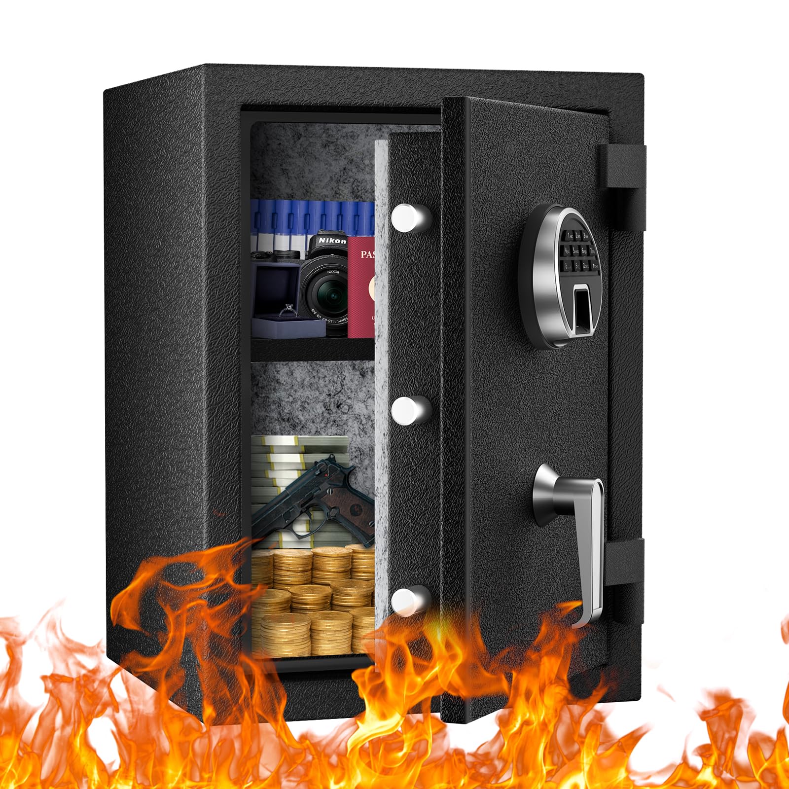 WASJOYE Biometric Fireproof Safe Box, Fingerprint Safe with Digital Keypad Lock and Type-C Emergency Port, 2.3 Cubic Ft Fireproof Waterproof Safes for Home Office Jewelry Documents Cash Storage