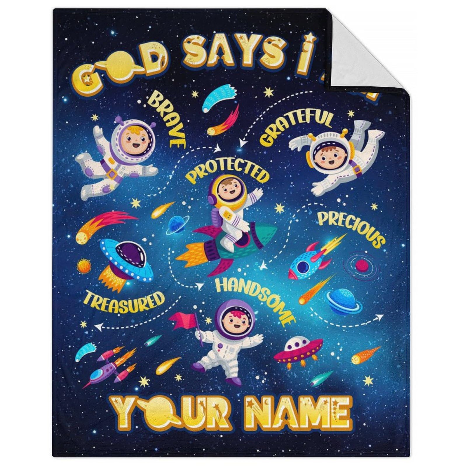 Personalised Space Blanket, Kids Throw Blanket for Boys, Astronaut Blankets for Toddler Child, God Says I Am Blanket for Kids, Inspirational Gifts for Son, Soft Plush Throw Blankets for Couch