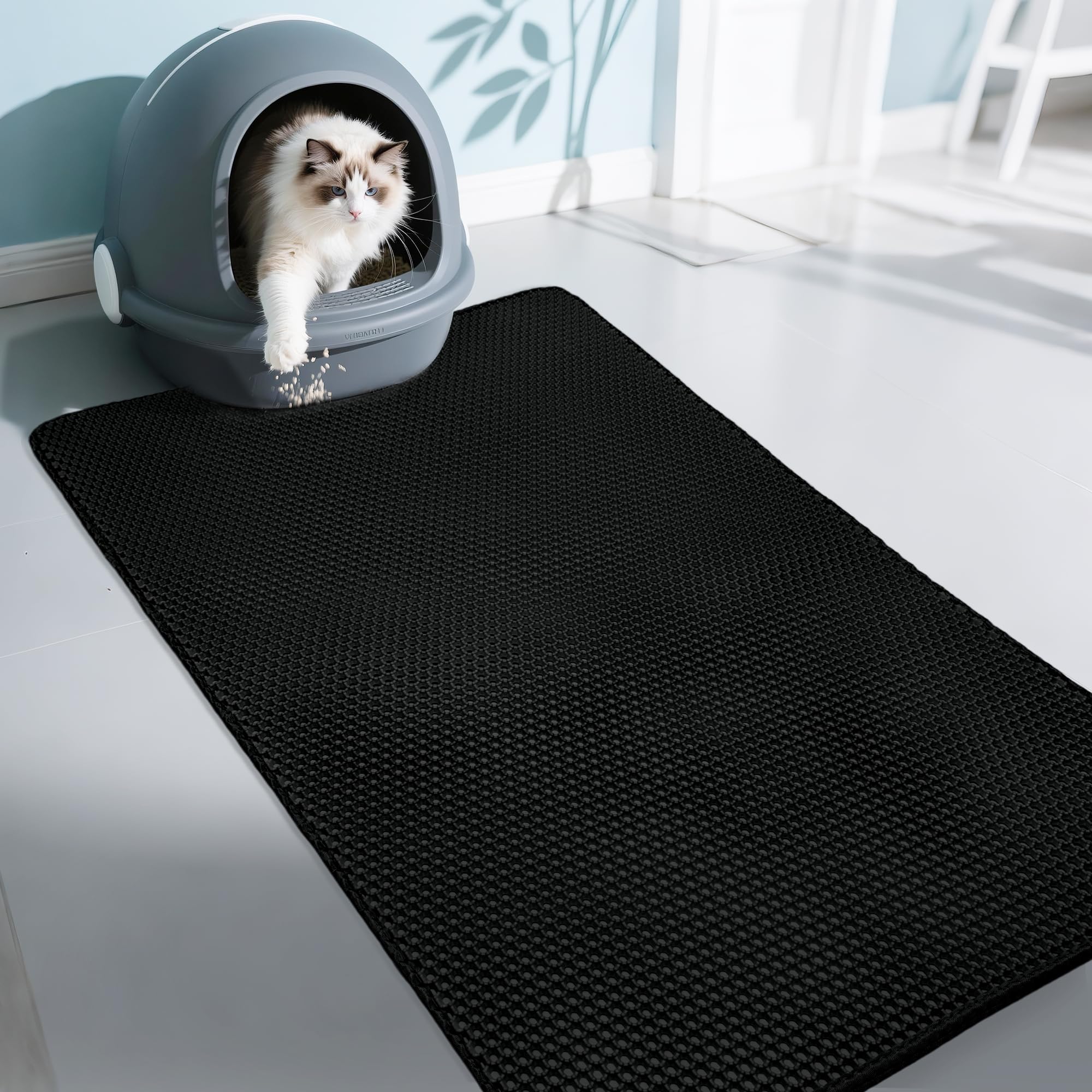 Cat Litter Box Mat- (47" x 27"), Extra Large,Double Layer Honeycomb Pad Rug, Waterproof Cat Litter Trapping Mat, Non-Slip, Easy Clean,Durable,Black - image 2