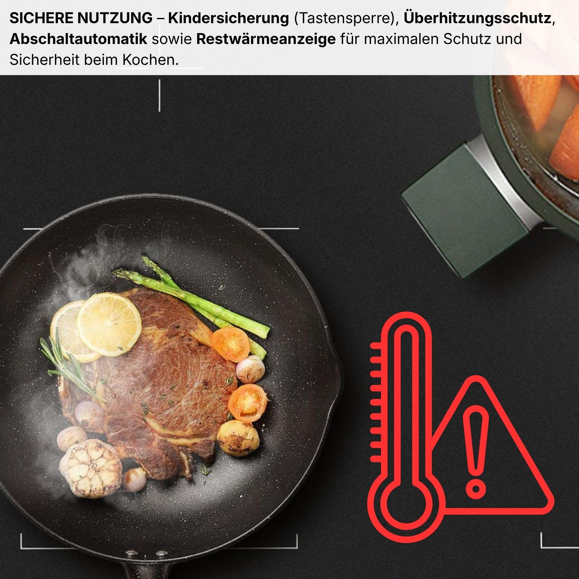 Induktionskochfeld 60 cm, Warmhaltefunktion, Induktionskochfeld mit stecker, kratzfeste Oberfläche, mit Stecker, Flexzone, Autark, Rahmenlos, Touch-Bedienung