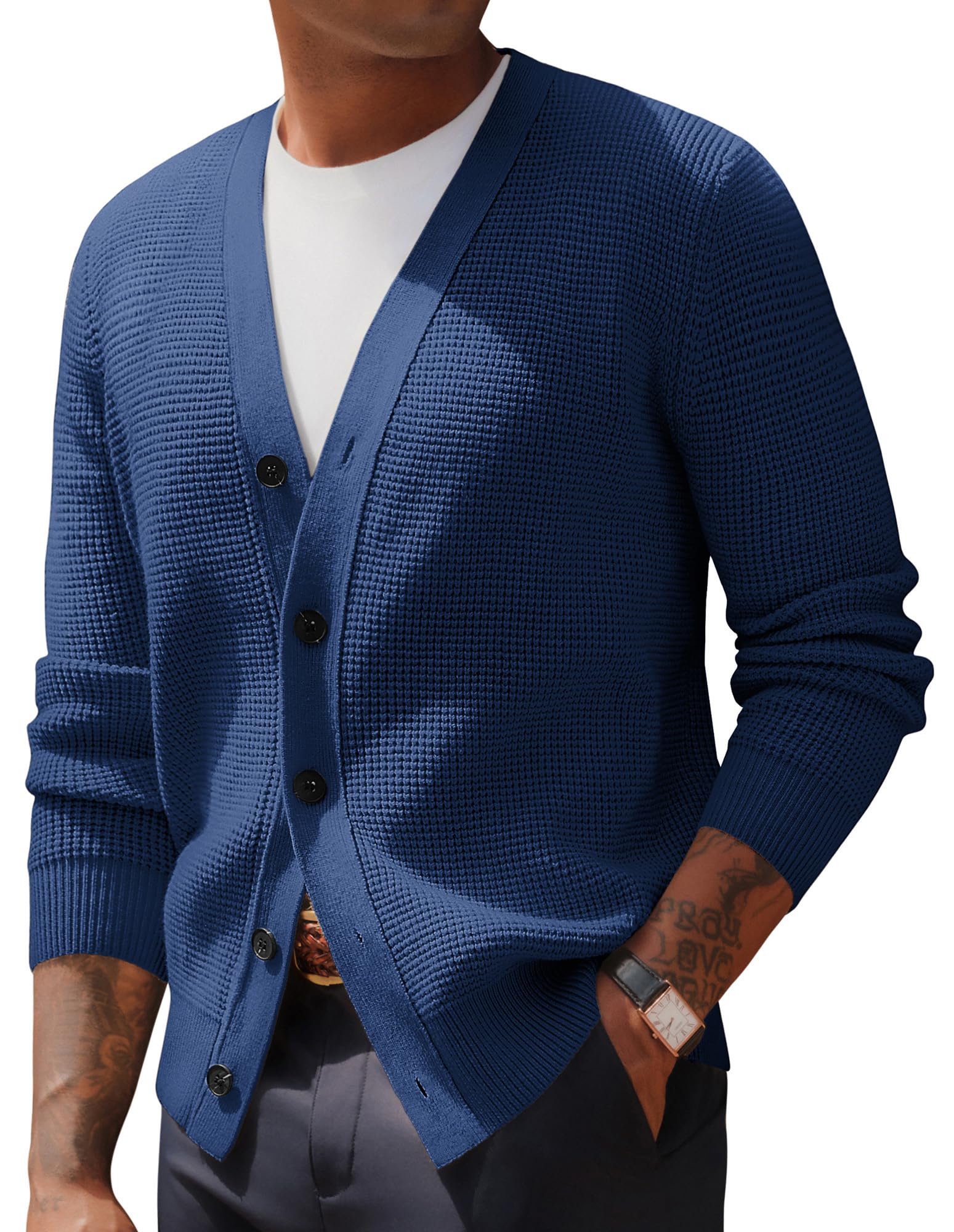PJ PAUL JONES Cardigan gaufré pour homme - Manches longues - Col en V - Bouton Down
