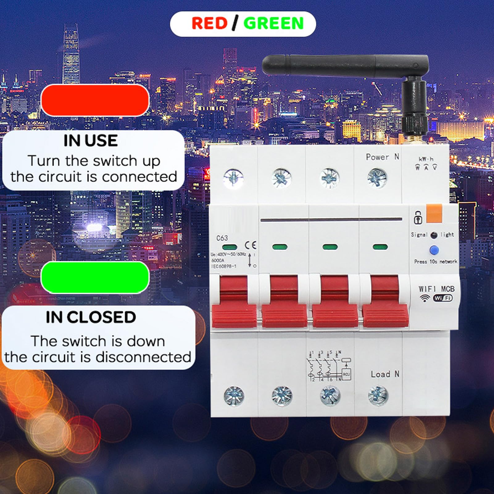 Interruptor de Circuito WiFi Interruptor de Fuga 4P Control Remoto Mete Electricidad AC400V 50/60Hz 63A Rompedor Circuito WiFi 4P Fuga Interrupción