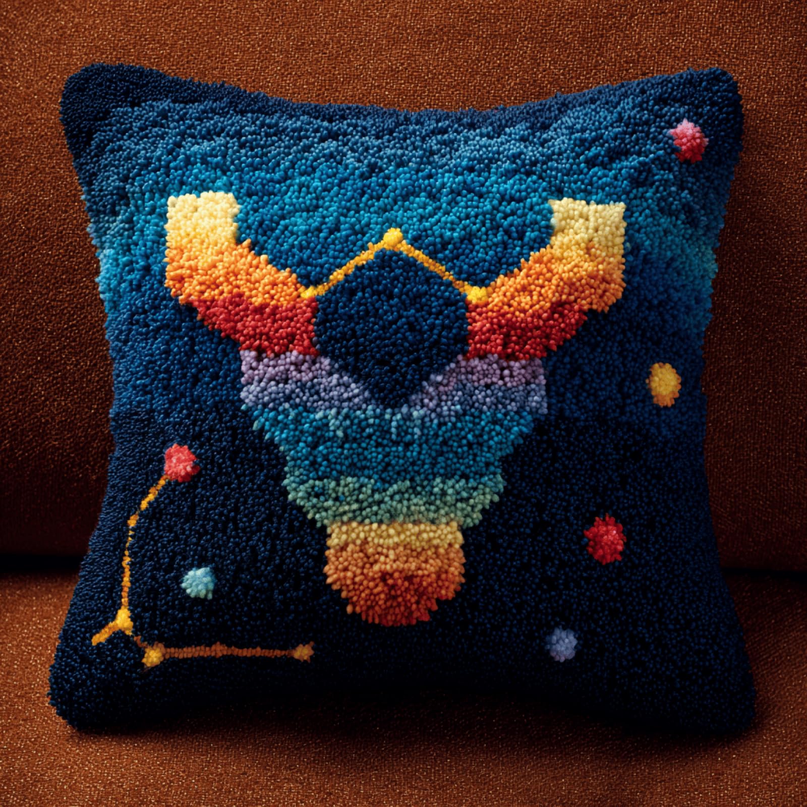 Taxpy Christmas Latch Hook Cushion Kit,Taurus Constellation,17x17in DIY Pillow Cover Craft Kit with Pre-Printed Canvas and Yarn,Fun Handmade Gift for Adults,Beginners & Holiday Home Decor