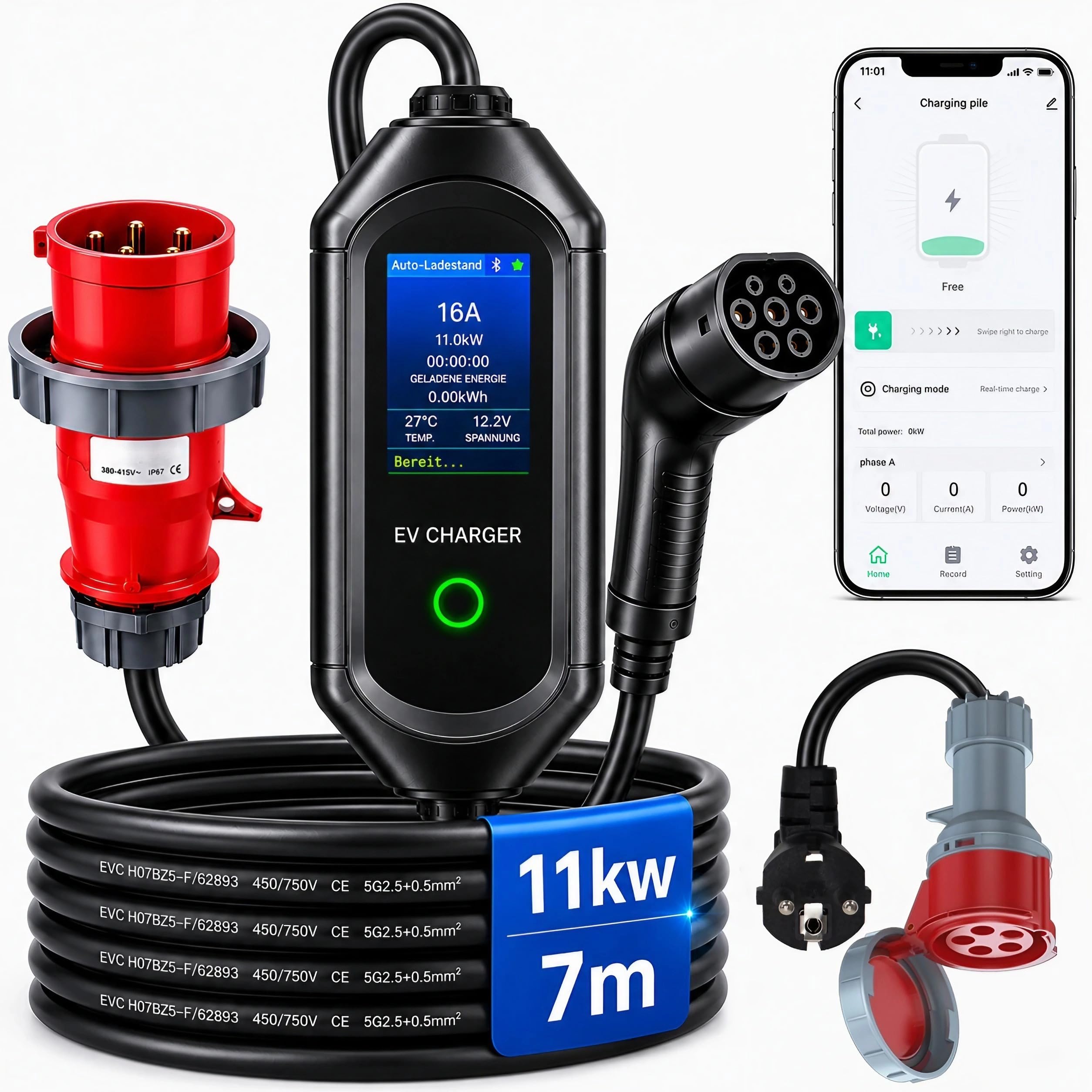Mobile Wallbox 11kW mit App-Steuerung, Mobile Ladestation [7m | 3-phasig | 6–16A] mit Einstellbarer Ladeleistung, IP65 Wasserdicht, Ladekabel CEE 16A auf Typ 2 für BEV & PHEV