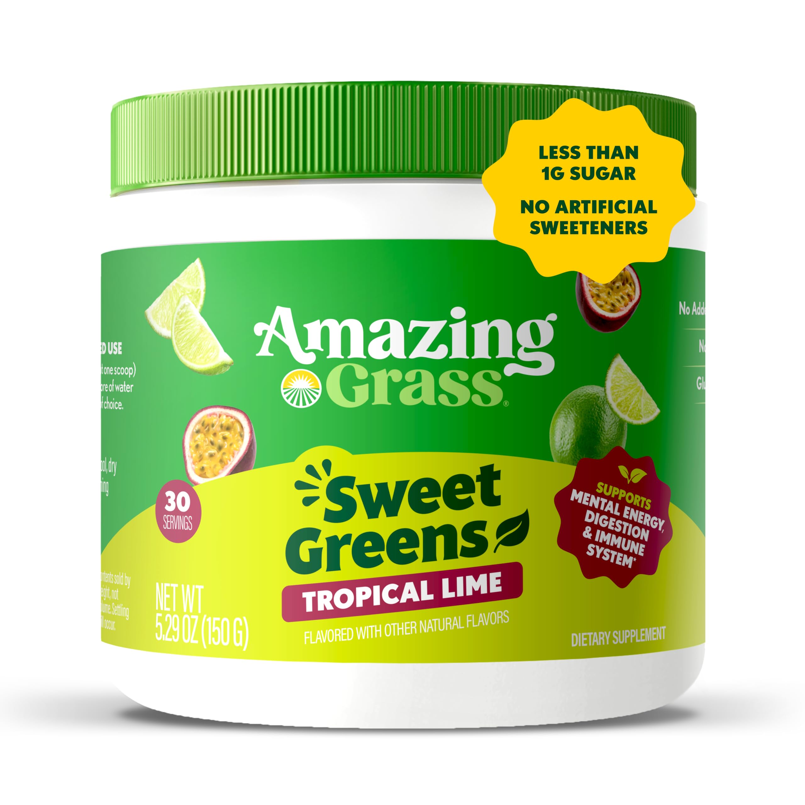 Amazing Grass Sweet Greens and Superfoods Powder for Digestive Health, Greens Powder, Digestive Enzymes, Probiotics, Spirulina, Chlorella, Tropical Lime, 30 Servings