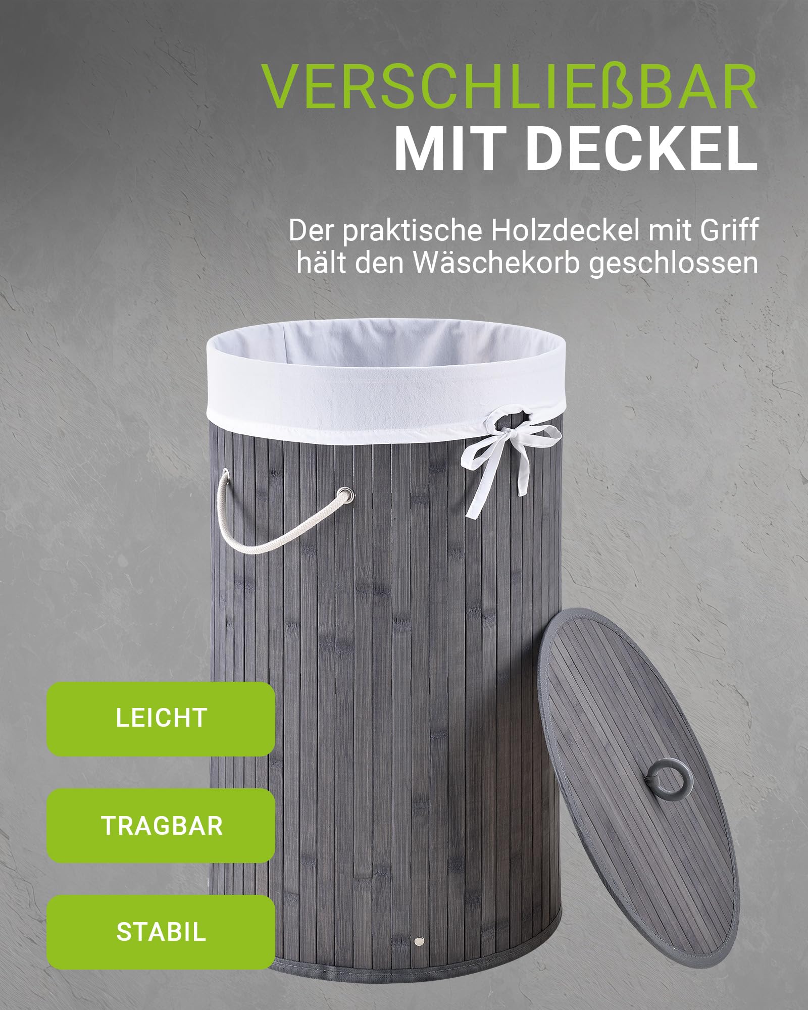 Juskys Bambus Wschekorb Curly-Round Grau 55L - Hygienischer & Faltbarer  Wschekorb mit Deckel, Tragegriff & Wschesack - Natrliche Bambus Optik :  ...