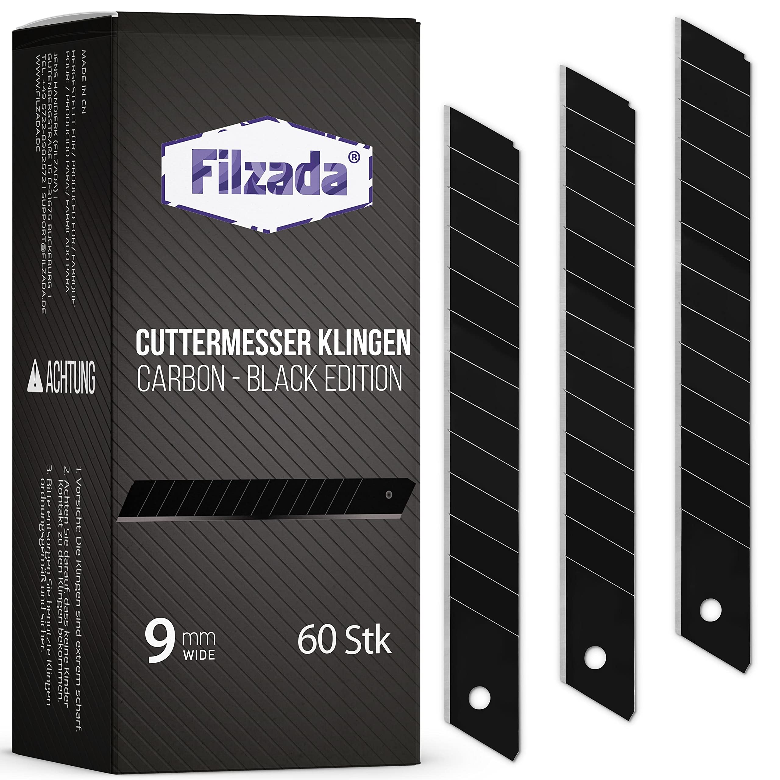 Filzada® 60x Cuchillas de repuesto para cuchillos de corte de 9mm NEGRO - Cuchillas ultra afiladas para alfombras - Cuchillas a presión para cuchillos de corte de 9mm