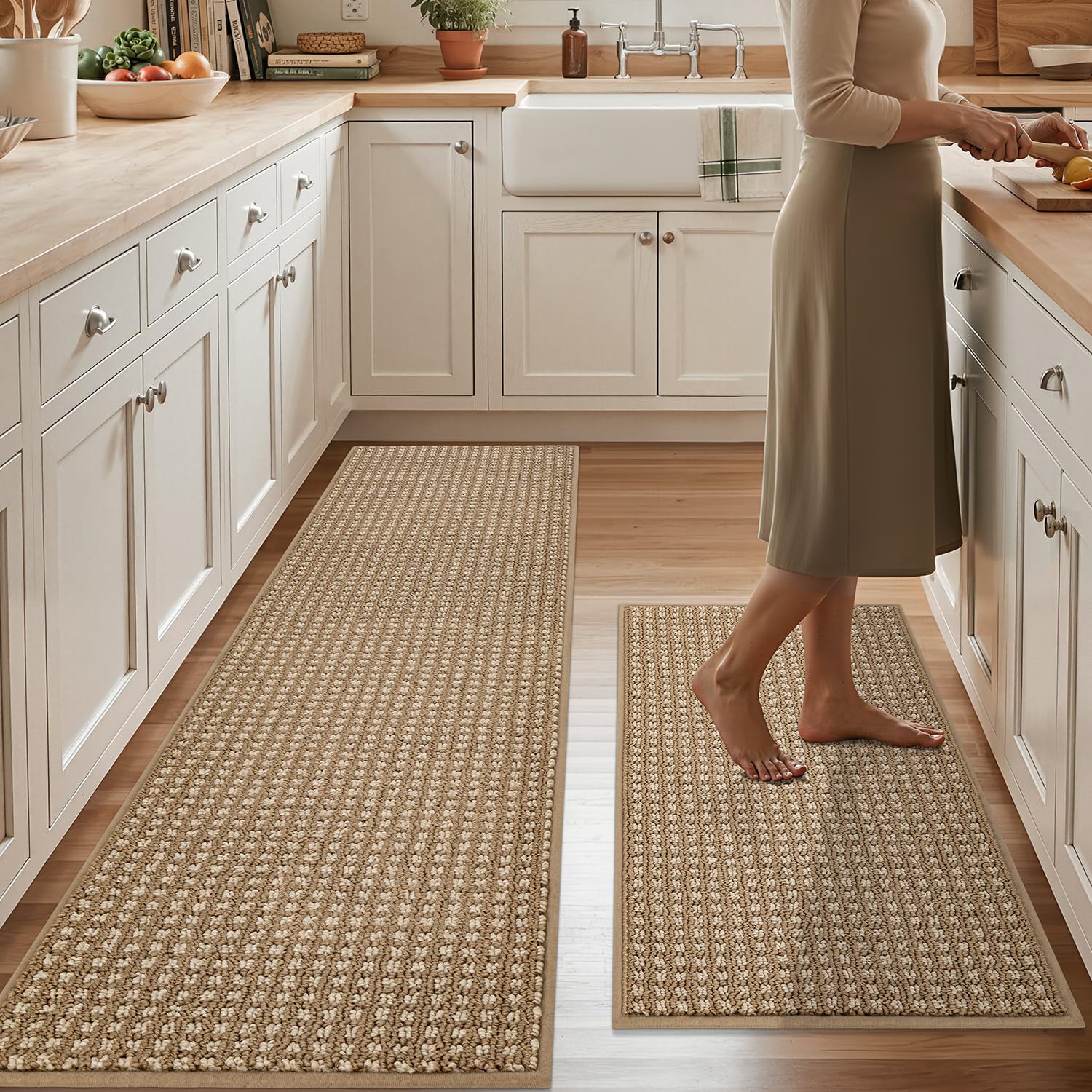 Biscpro Buffalo Plaid Kitchen Rugs Set,Non Slip Kitchen Mats for Floor-Thick Stain Resistant Kitchen Floor Mat Runner Carpet for Hallways Entryway Laundry Washable(43x75+43x150cm,Brown)-Rolled Package