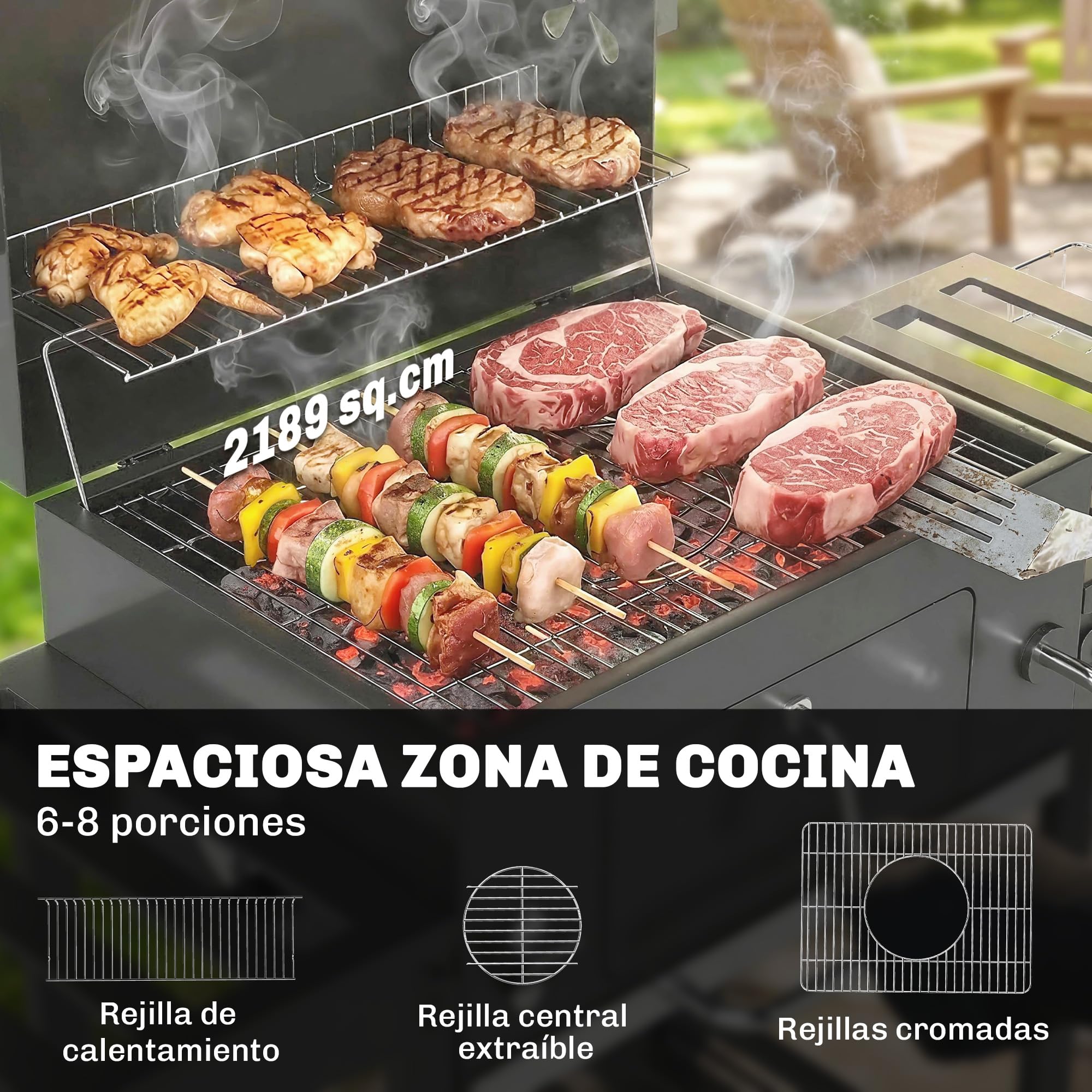 Outsunny Barbacoa de Carbón Portátil, Bandeja Ajustable, Tapa, Negro | Estantes Plegables, Termómetro, Chimenea, Ventilaciones, Cajón de Cenizas, Ruedas