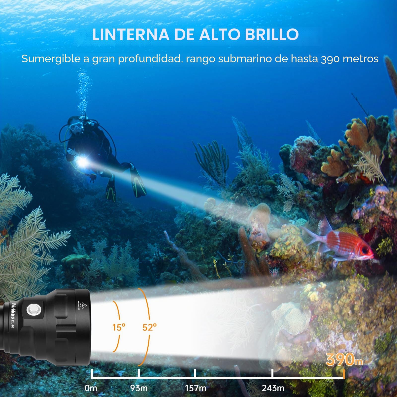 Wurkkos DL40 Linterna de Buceo, Linterna de buceo con 5000 lúmenes. Resistencia al agua IPX8, 4 x Samsung LH351D(5000K) 90 Cri LEDs, Linterna de submarinismo con y cargador