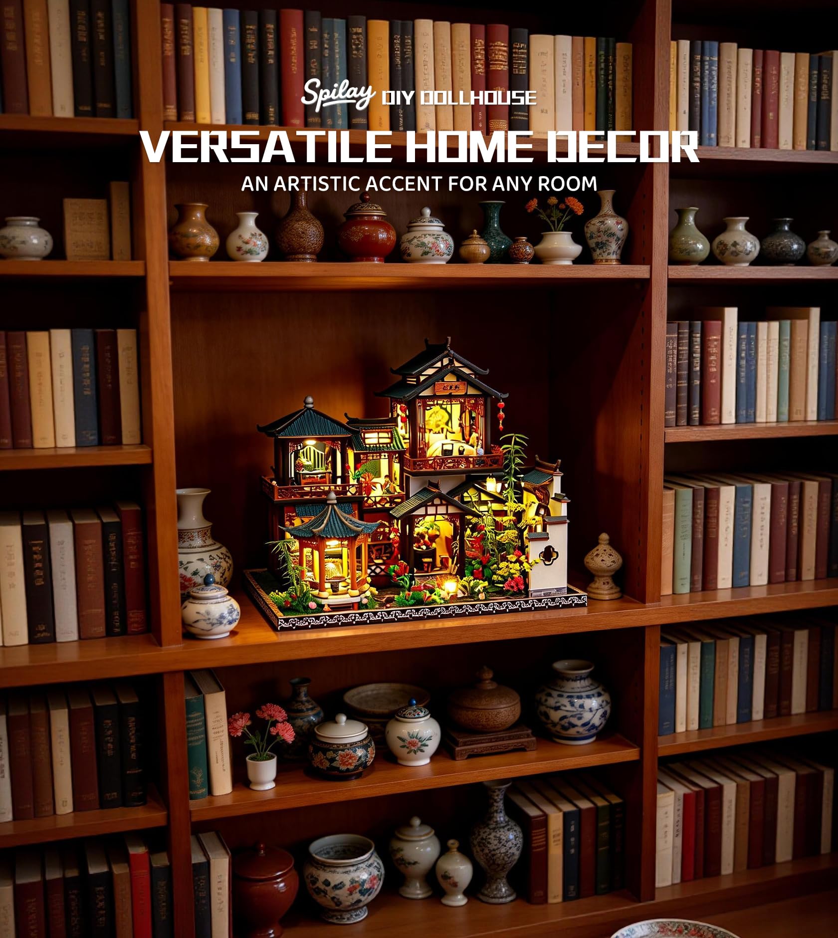 Spilay Miniatur Haus, Chinesisches Gartenhaus Puppenhaus Holz | DIY Miniature House mit LED-Licht, Staubschutz und Musikbox, 3D Puzzle Erwachsene, Miniatur Bausatz, Regal Deko Geschenk
