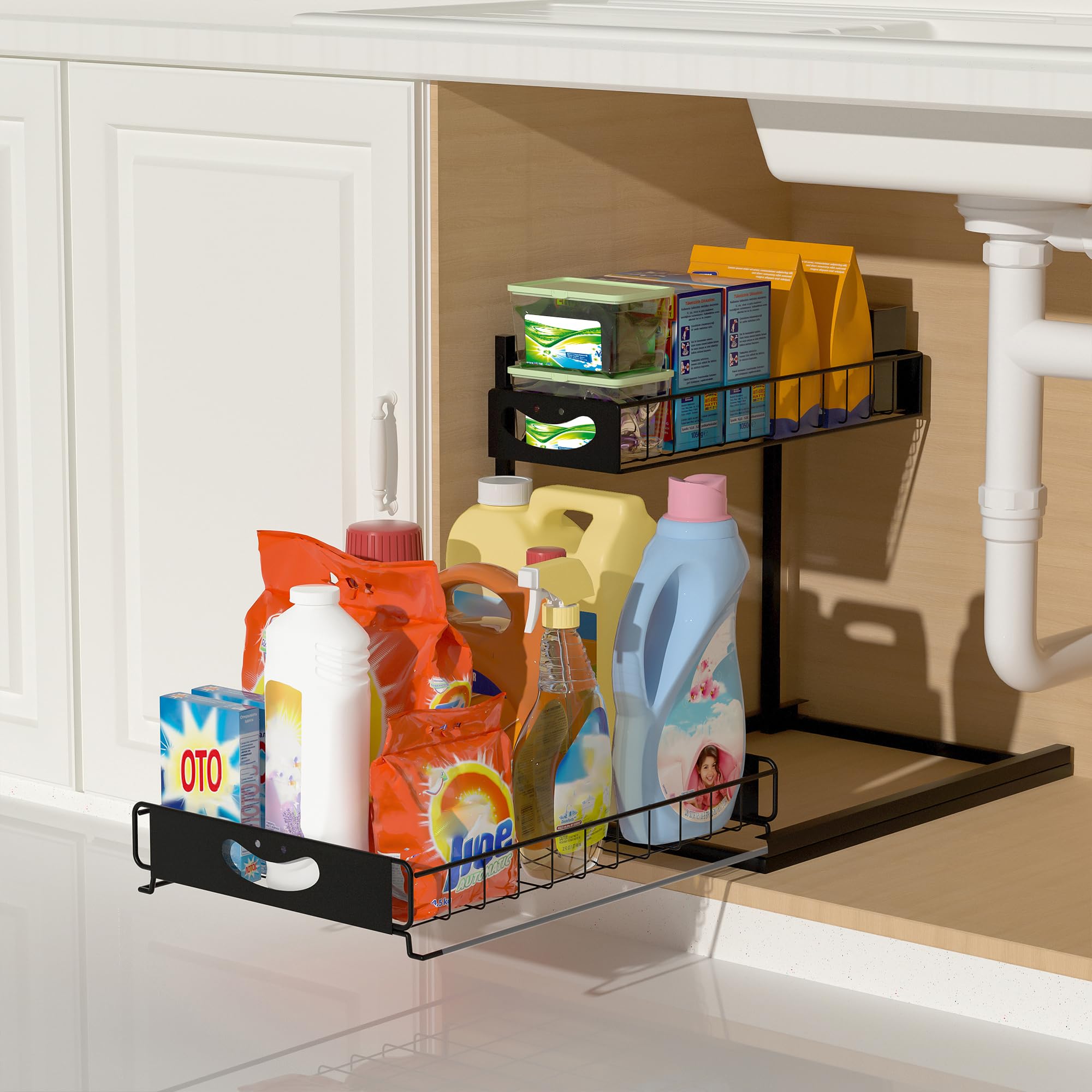 Organizzatore sotto il lavandino con cassetti estraibili, organizer per lavello da cucina, organizer e portaoggetti da bagno a 2 livelli, set di accessori da bagno, nero, confezione da 1