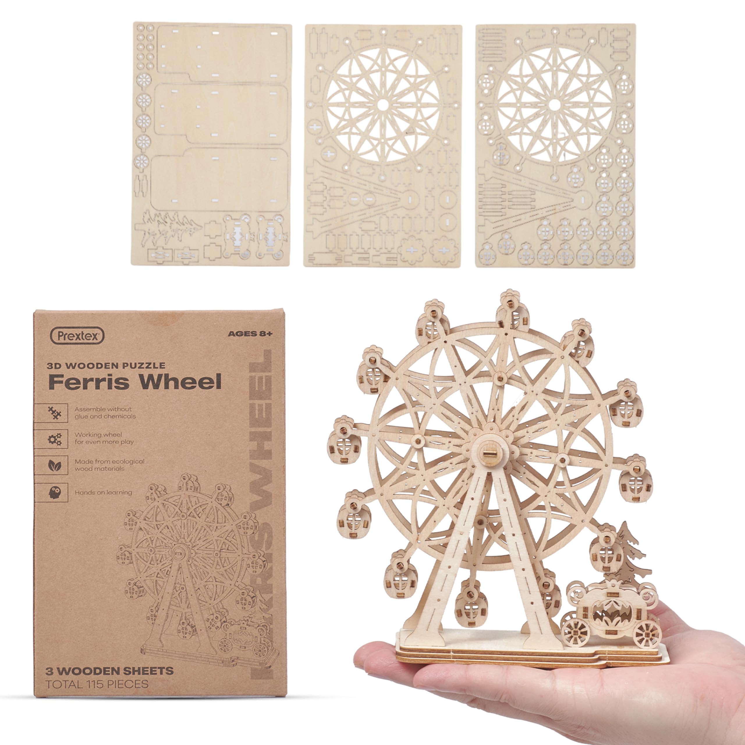 Prextex Ferris Wheel 3D Puzzle Wooden - 115 Precision Pieces Sturdy Wood - No Glue Needed for Assembly - Fun & Educational for Ages 8+ - Ideal for Hobbyists, Collectors, Decor, & Gifts