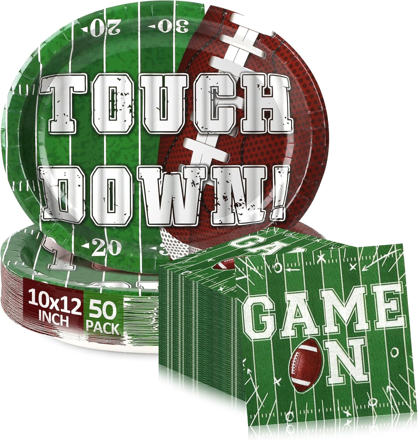 100Pcs Football Party Paper Plates and Napkins｜12 * 10 Oval Plate and 6.5'' Napkin｜Football Theme Party Supplies for Game Day, Birthday,Sports Celebration,Tailgate Decorations