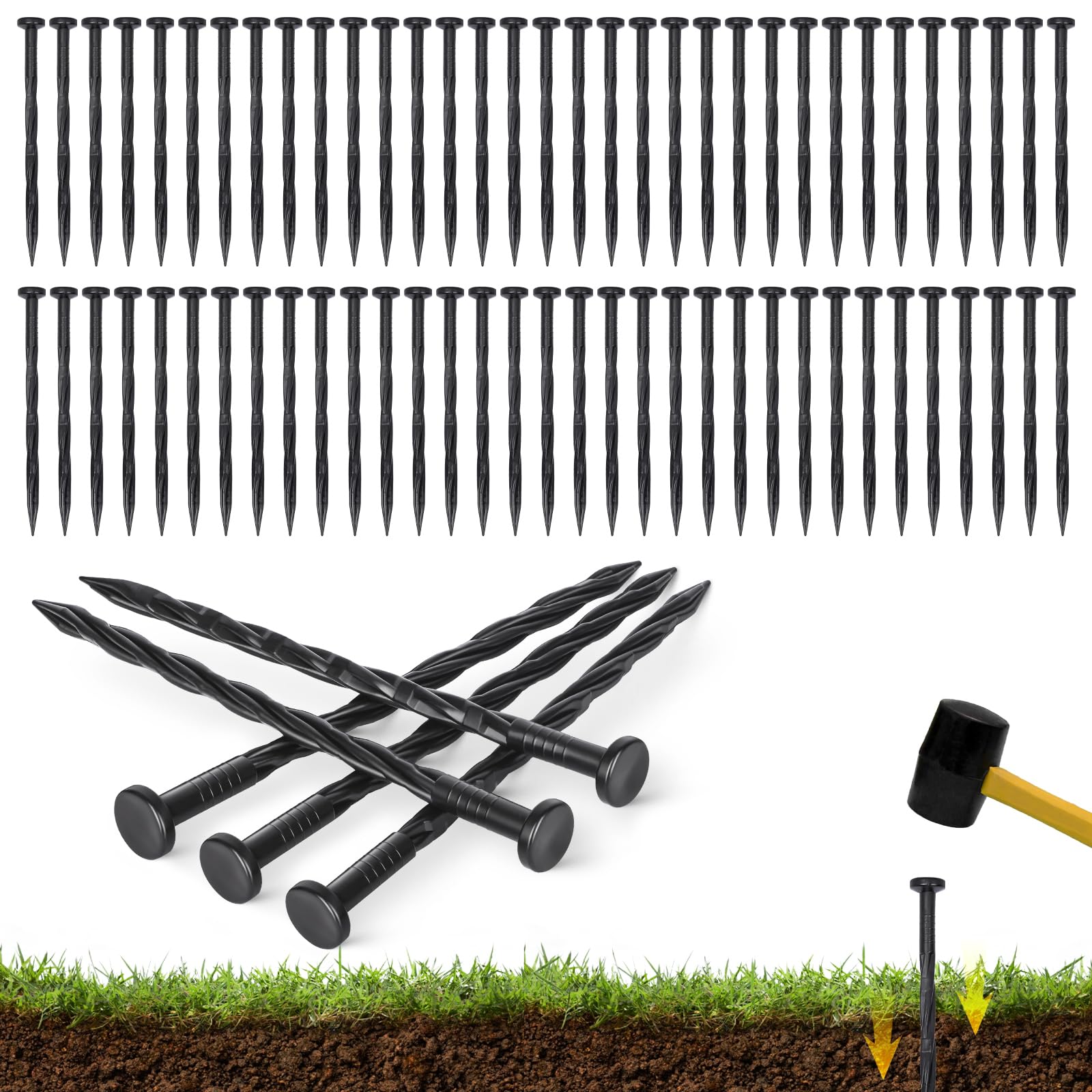 Piquets d'ancrage de jardin lot de 100 nylon noir 20cm pour pelouse et bâche