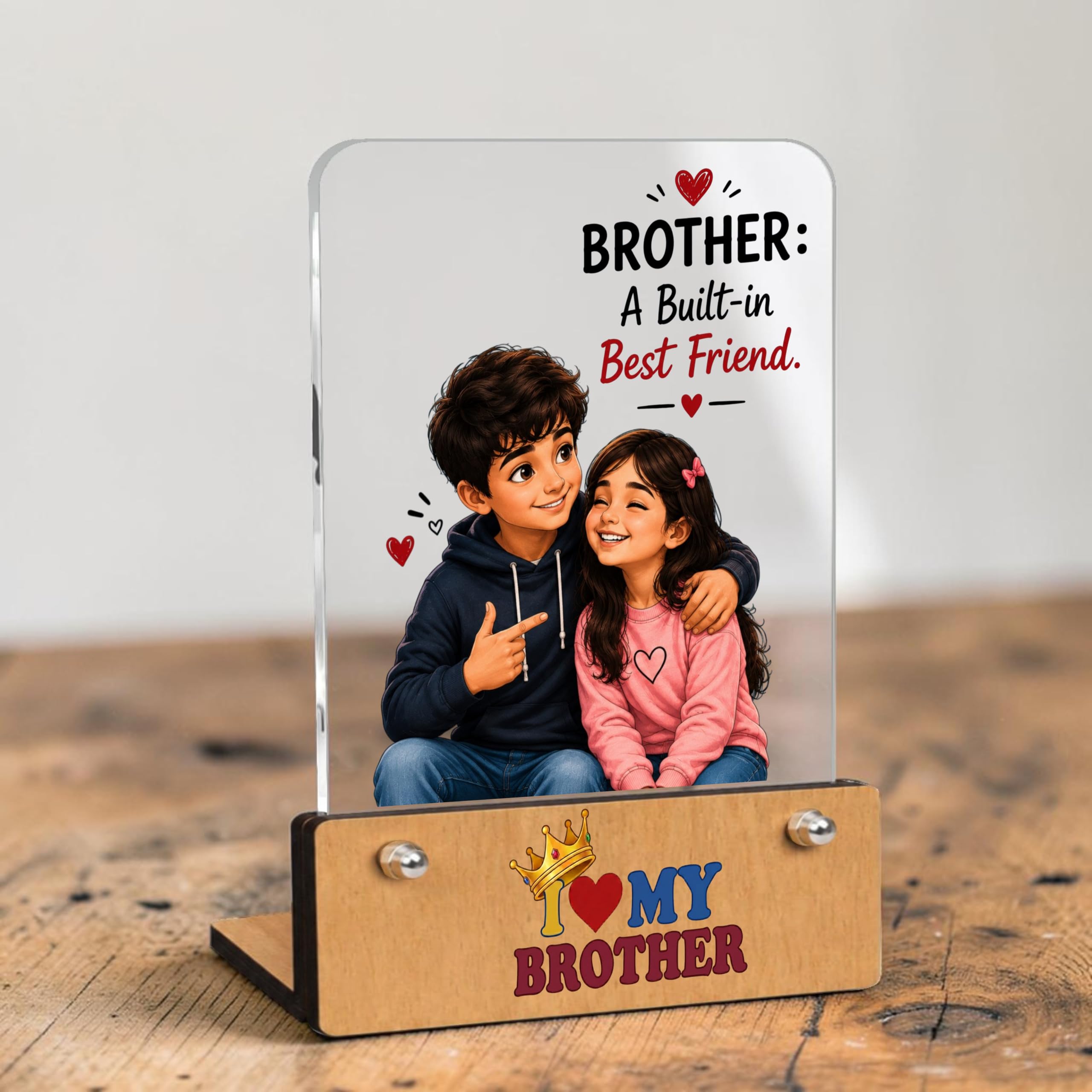 P Arts Rakshabandhan Acrylic Photo Frame Gift for Brother, Premium UV Printed Rakhi Gift Plaque for Bhai with Wooden Stand, Table Top Sibling Room & Office Desk Decor (Built-in Best Friend)-image-16