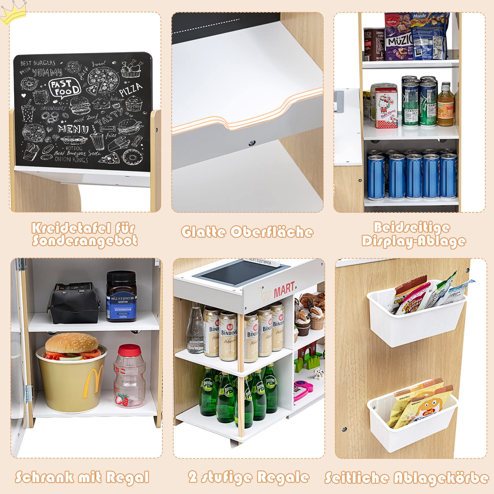 DREAMADE Supermarket mit Einkaufswagen & Kasse & Kreidetafel & Holzwährung, Kaufladen aus Holz, Kaufmannsladen für Kinder ab 3 Jahren