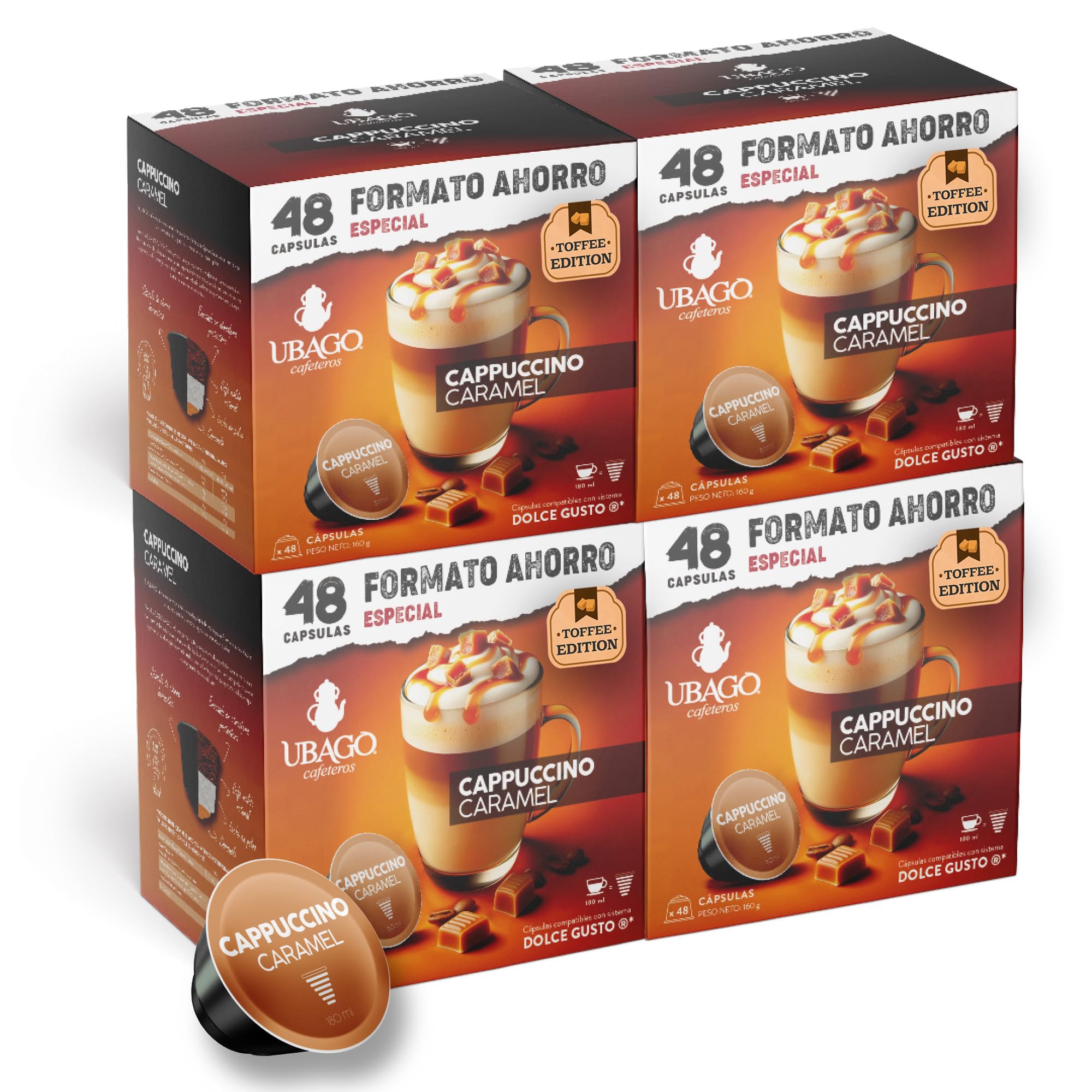 Ubago Café en cápsulas Café Cappuccino Caramel, Toffee Edition, compatible con capsulas Dolce Gusto, oferta de 192 unidades