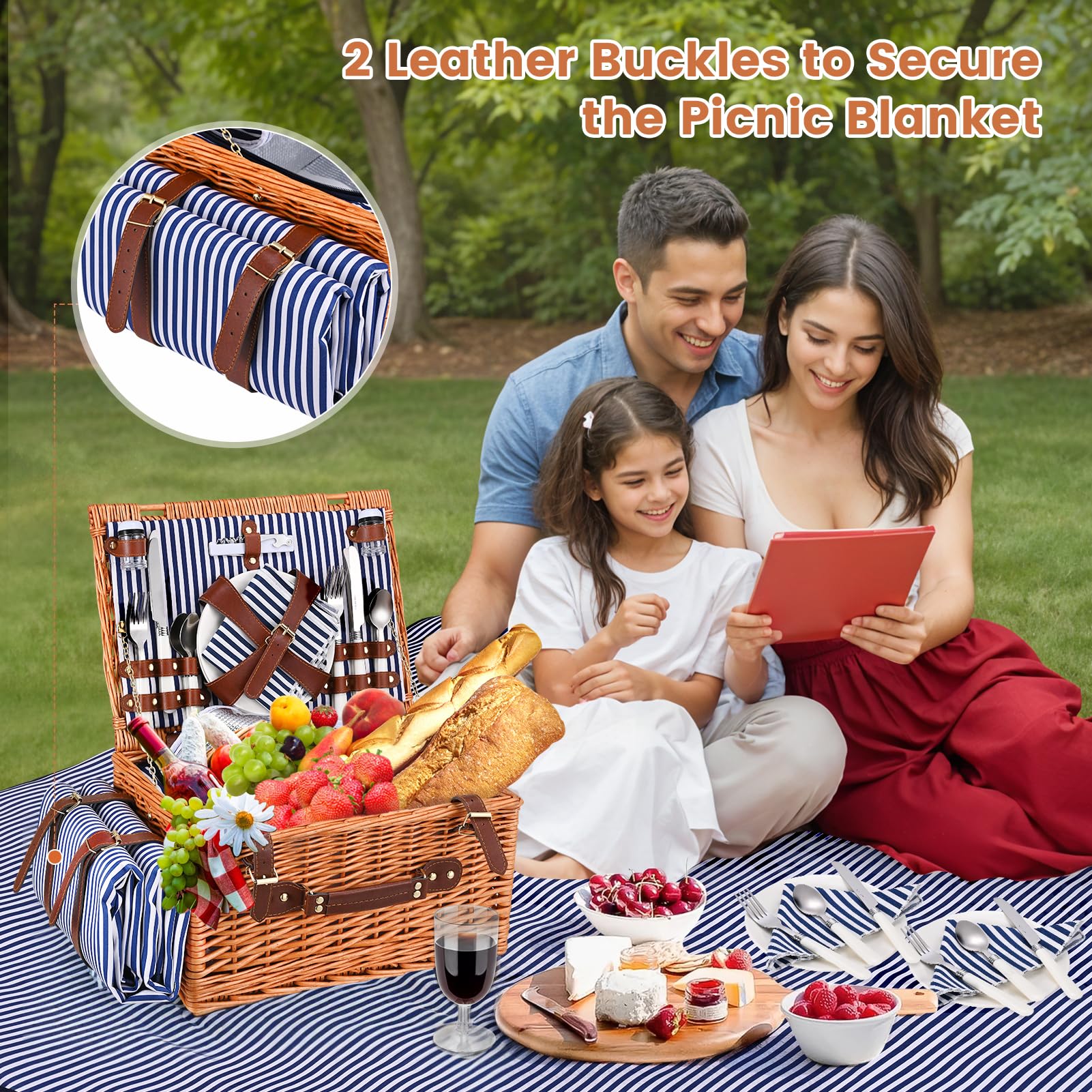 Cestino da Picnic in Vimini per 4 Persone, Cesto Picnic con Scomparto Termico, Coperta Impermeabile, Piatti, Bicchieri, Posate, per Campeggio, Festa all'Aperto, Spiaggia, Escursioni, Blu