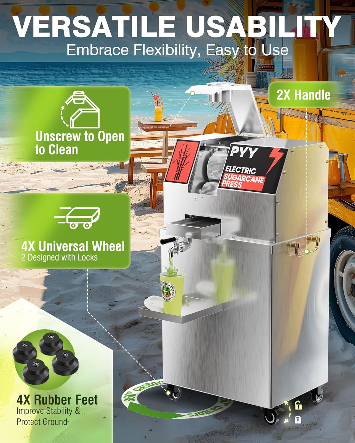 PYY Commercial Sugar Cane Juicer Machine - Electric 3-Roller Sugarcane Juice Press Stainless Steel Extractor, Sugarcane Machine with Cleaning Brush, 2 Peelers,Straws and Cups, 800W 110V 26Inch