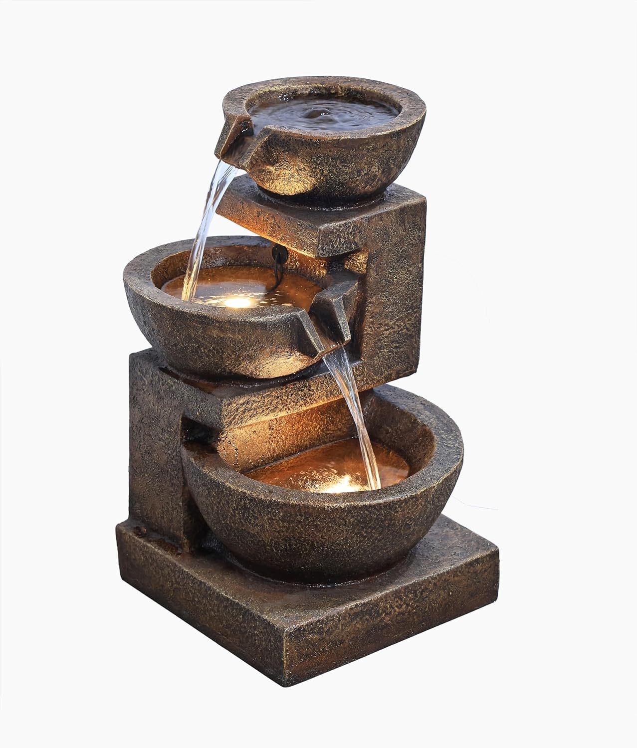 Rustic Brown Polyresin Cascading Bowl Fountain with LED Lights