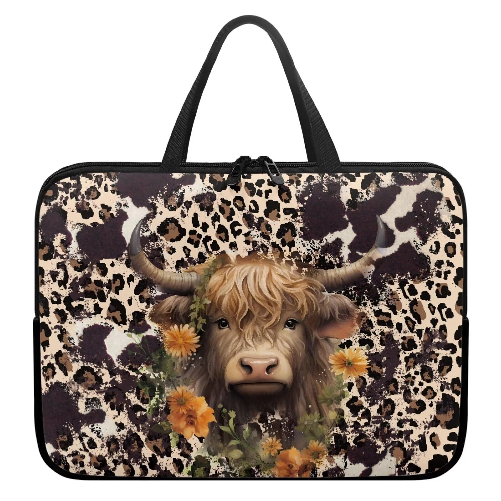 Suhoaziia 17 Inch Laptop Sleeve, Laptop Cover Computer Bag Tablet Carrying Case with Handle, Brown Cow Zipper Tote Bags Notebook Sleeves Handbag