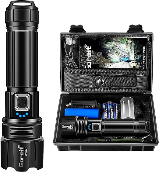 Goreit Flashlight High Lumens Rechargeable, 2000 Lumen Led Flashlights XHP70.2 USB Super Bright Flash Light Battery Powered, Powerful Handheld Flashlights for Emergencies Camping, IP67 Waterproof