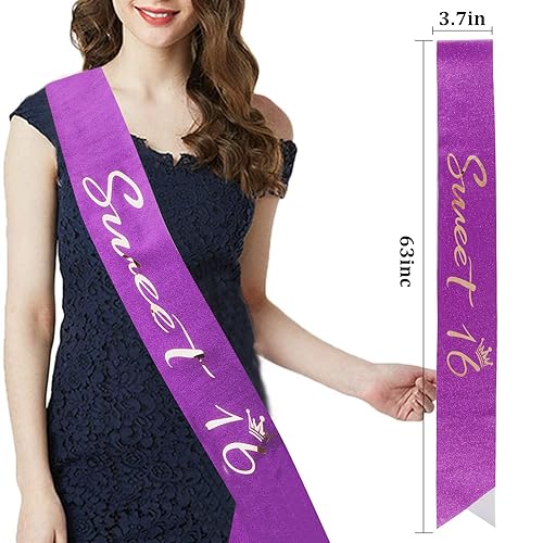 Miniatura 8 de Juego de corona y banda de dulces 16, decoraciones de cumpleaños de CIEHER Sweet 16, morado, regalos de cumpleaños 16 para niñas, banda y tiara de